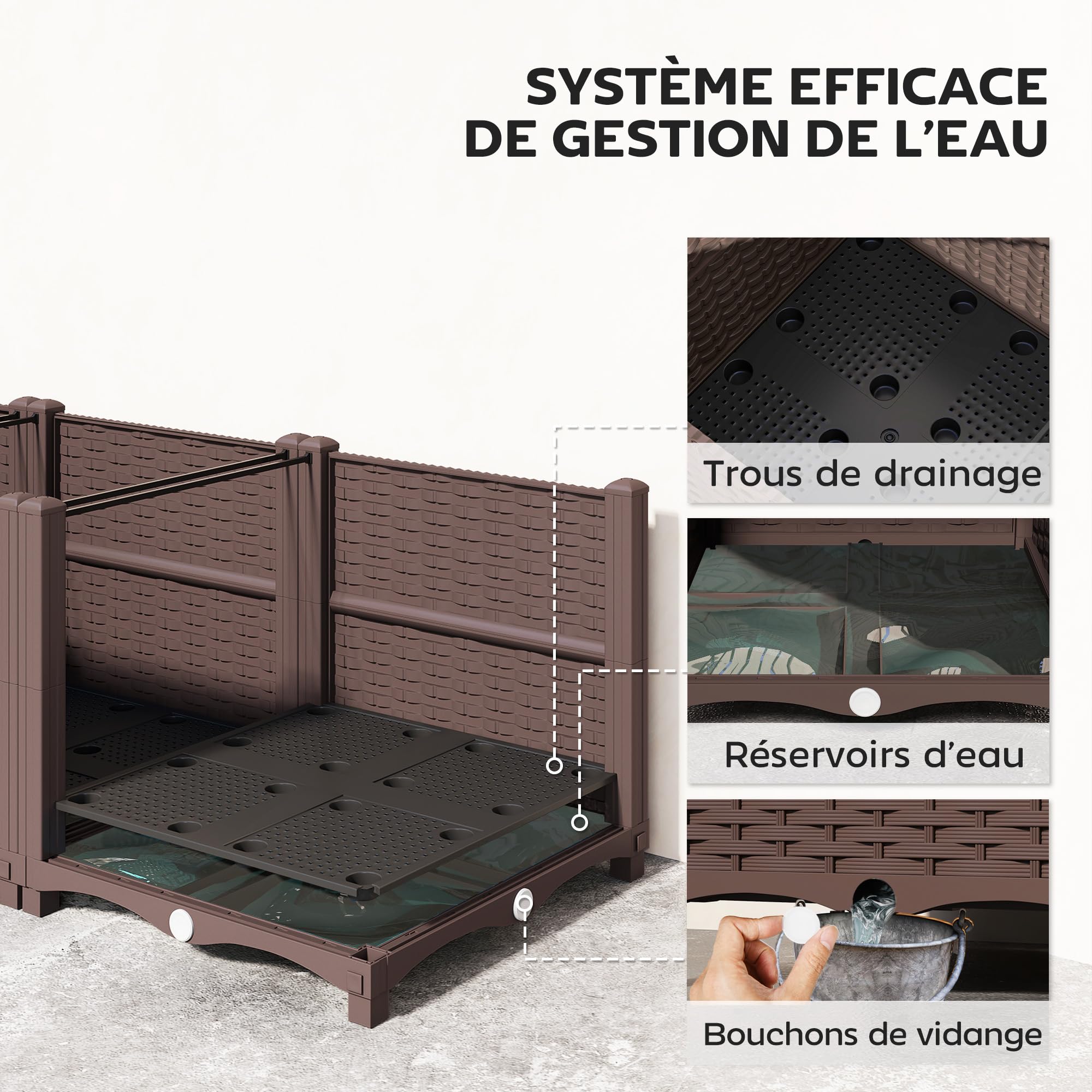 Outsunny Jardinière surélevée, lit de Jardin en Plastique, jardinières Auto-irrigantes avec Trous de Drainage et Bouchons, Montage Facile pour légumes, Fleurs, Herbes, 120 x 40 x 37 cm, Marron