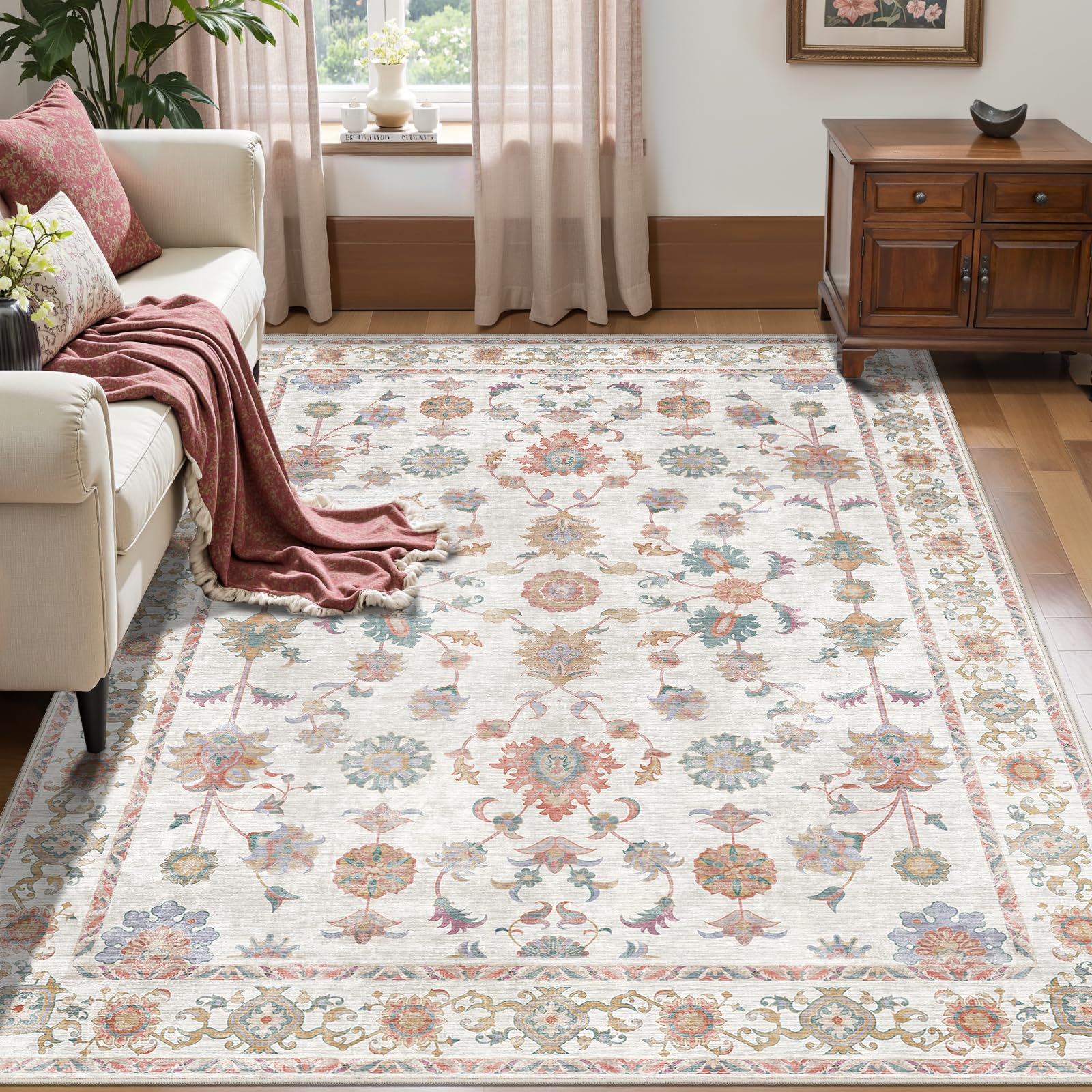 Tangsoo Washable Area Rug, 4x6 Pottery Barn Neutral Floral Rugs for Bedroom Living Room, Vintage Boho Non Slip Low Pile Beige Carpet for Farmhouse