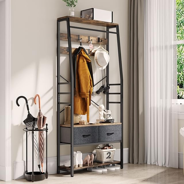 YITAHOME Coat Rack Stand with Shoe Storage, Free Standing Hall Tree with Bench & 2 Foldable Drawers, Industrial Coat Stands with 8 Hooks for Hallway Living Room Bedroom, Metal Frame, Rustic Brown