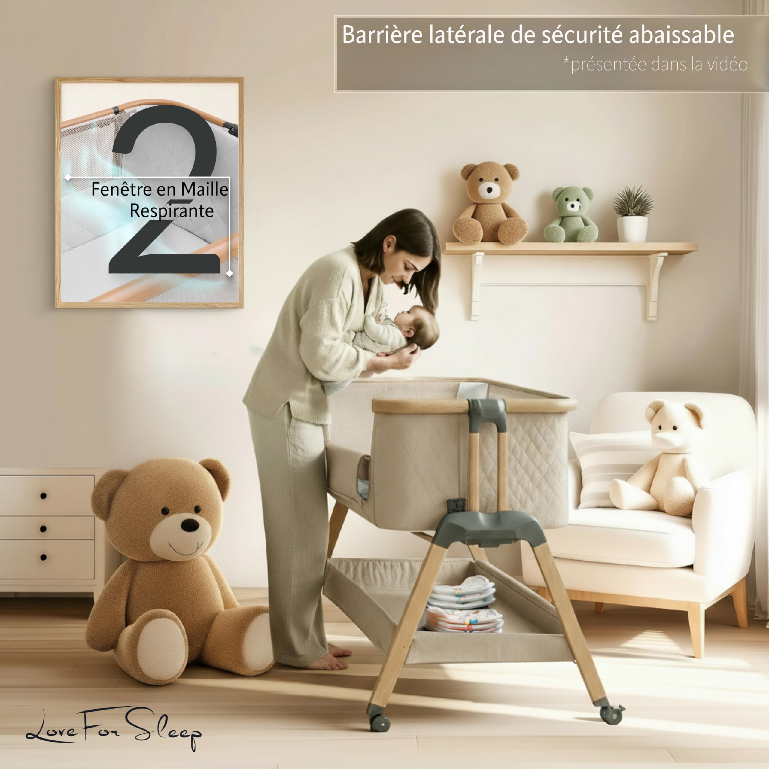 SnooBee Lit Bebe Berceau Cododo Bébé Réglable – Lit Co-Sleeper Nouveau-né avec Matelas, 7 Niveaux de Hauteur, Roulettes, Côtés en Mesh Respirant, Pliable avec Sac de Transport, 0–6 Mois