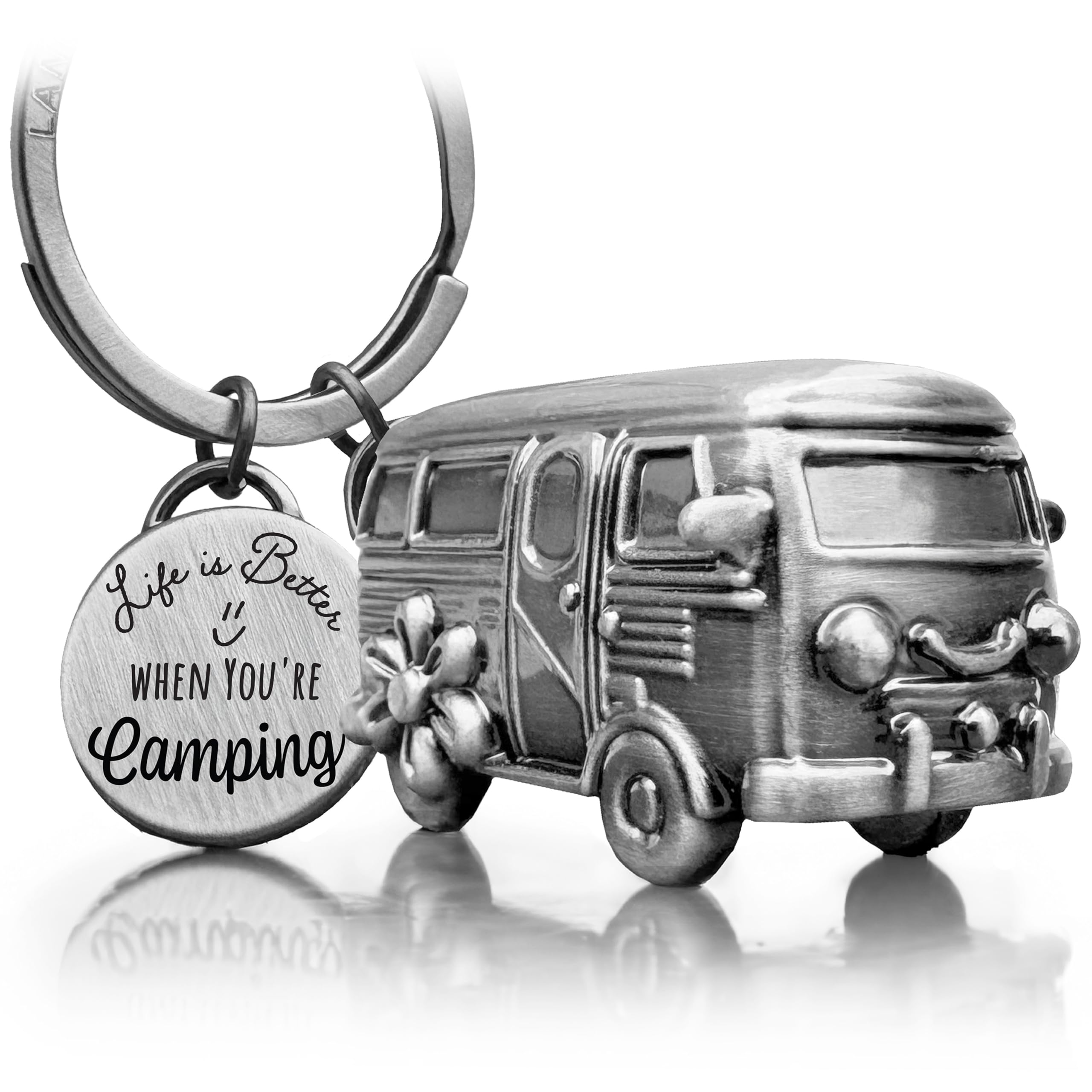 Lanolu Men's Camping Bus Camping Keyring Camping Luck, Caravan Gift, Motorhome Gift For Camping And Camper, 3D Trailer Caravan Accessories Made Of Metal, Silver, Keyring
