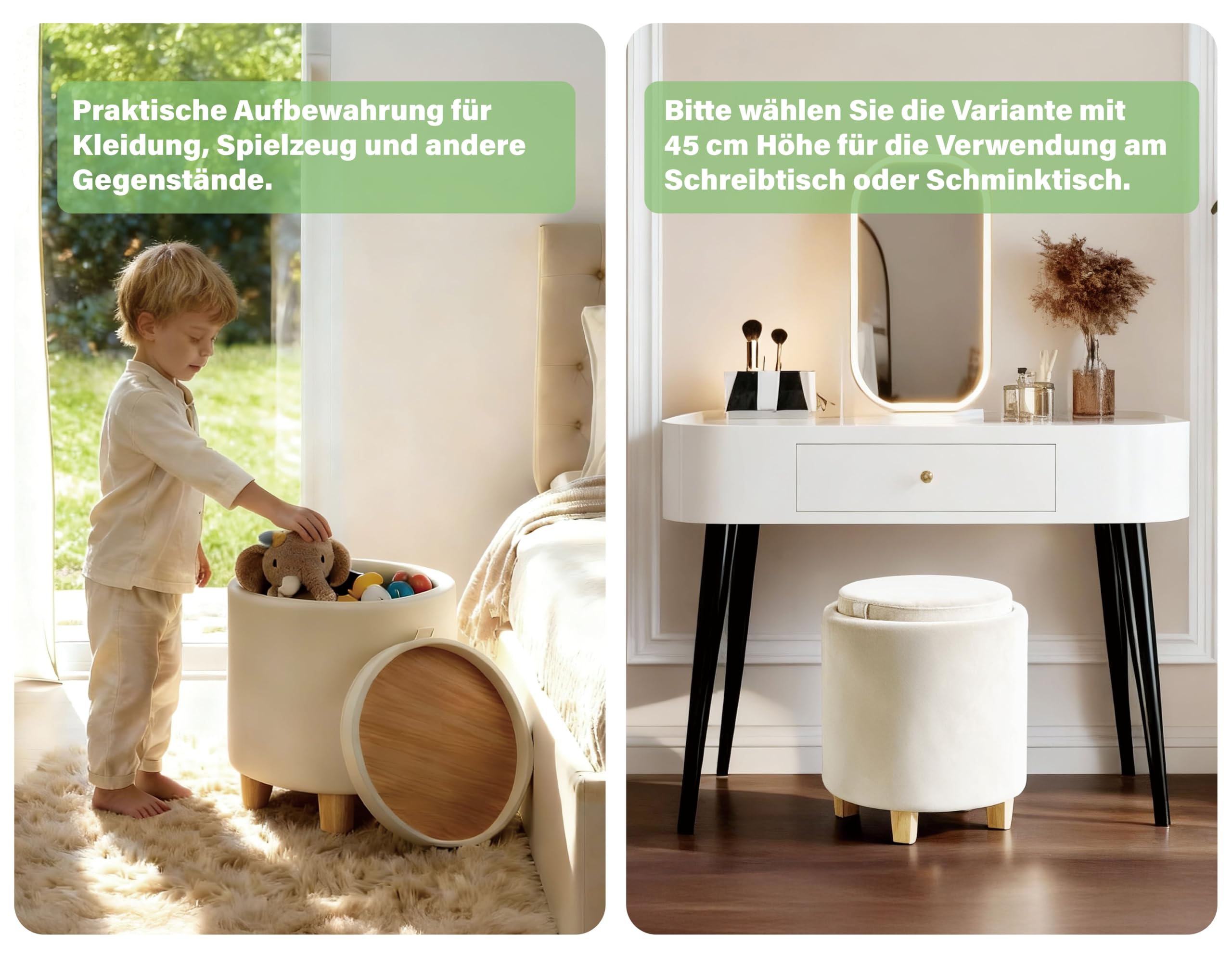 Zedelmaier Zylindrischer Samthocker Sitzhocker mit Stauraum rund, Sitzhocker mit Deckel, Schminkhocker, Fußhocker mit Aufbewahrungsbox, Polsterhocker mit Holzbeinen, Couchtisch, φ36x45cm Beige