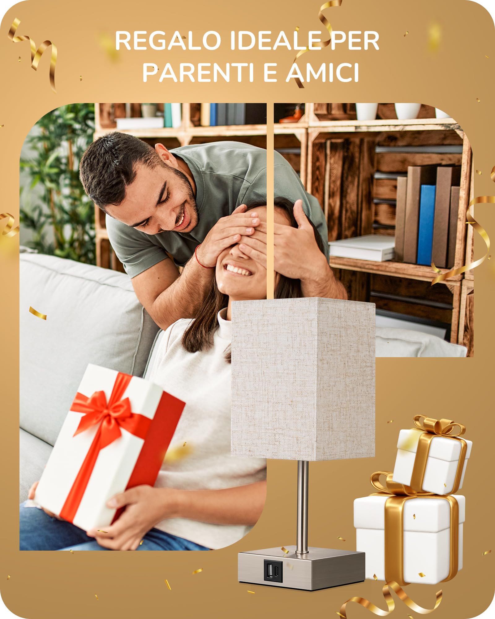 EDISHINE Lampada da comodino touch di 2, lampade da tavolo con porte di ricarica Type-C+USB-A, 3 luminosità dimmerabili, per camera da letto, soggiorno, davanzale, regalo, beige