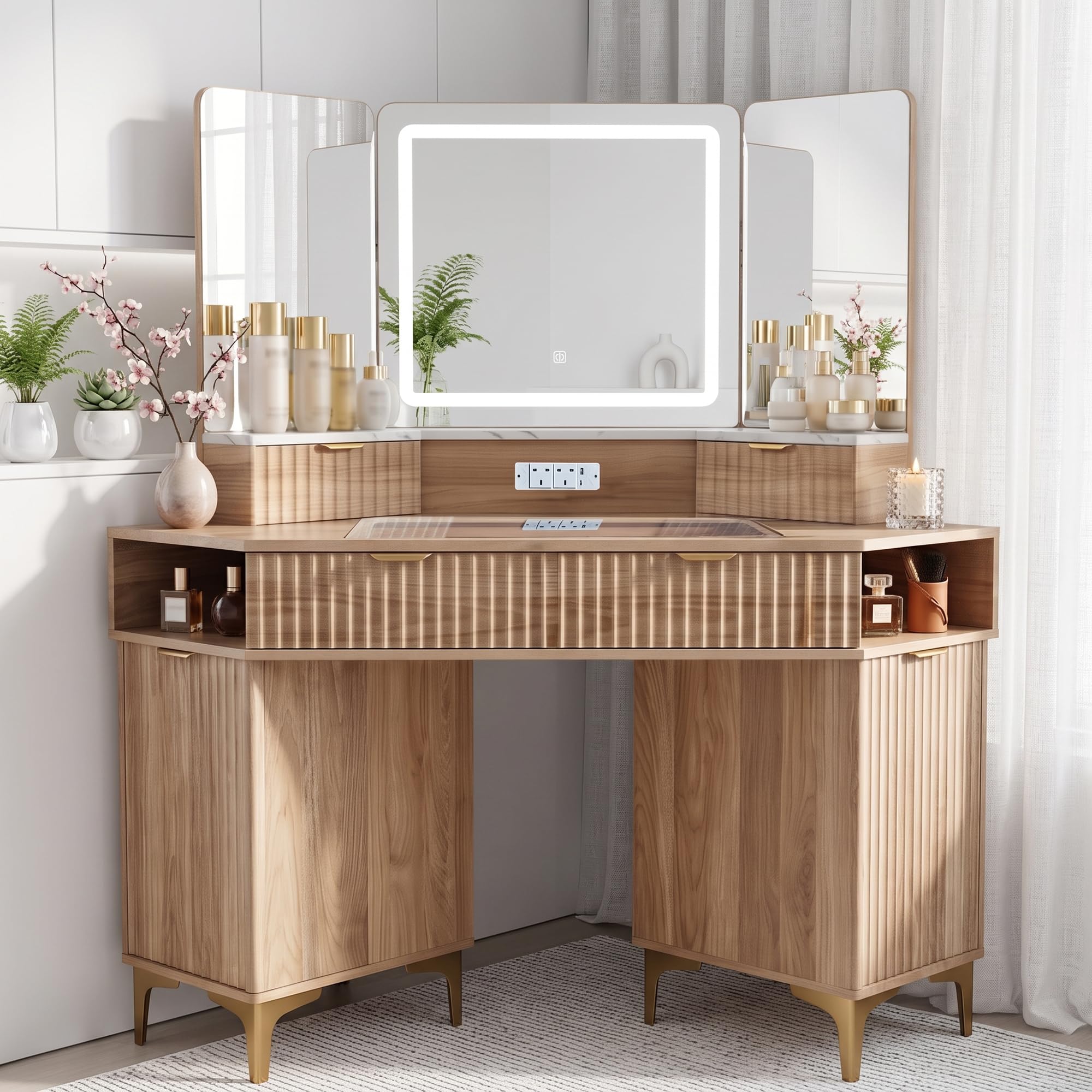 QSMYUYE Corner Dressing Table with LED Mirror, Charging Station & Storage