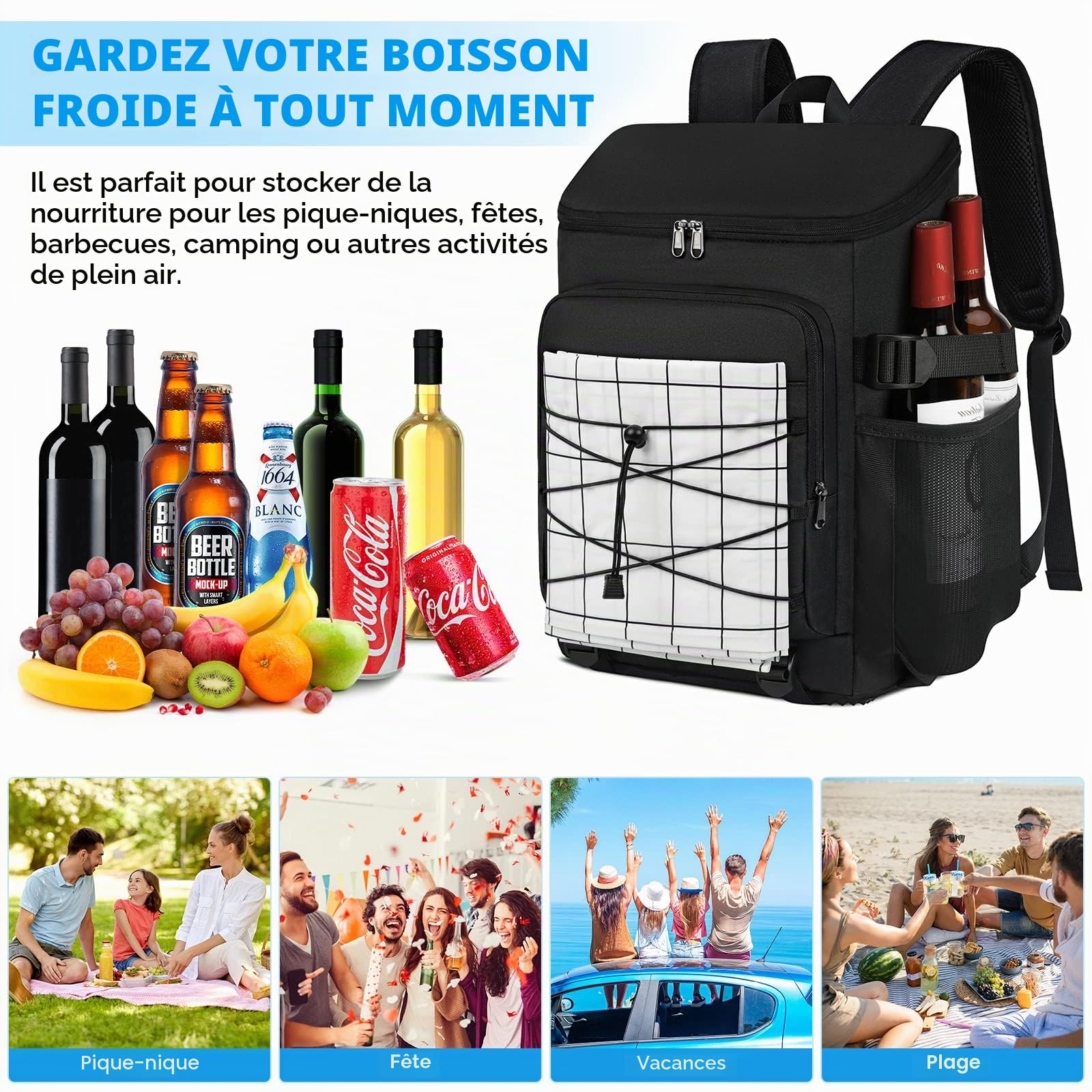 NUBILY 30L Sac a Dos Isotherme a Glacière Sac Pique-Nique Imperméable Grand Sac Isotherme Repas Lunch Box Camping Barbecue Trekking Noir
