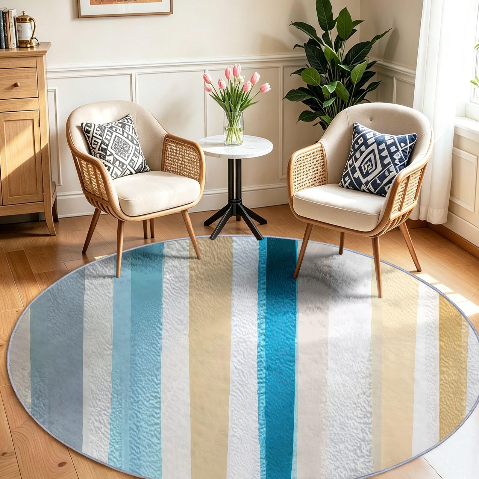 Tapis rond lavable arc-en-ciel idéal pour un balcon fleuri