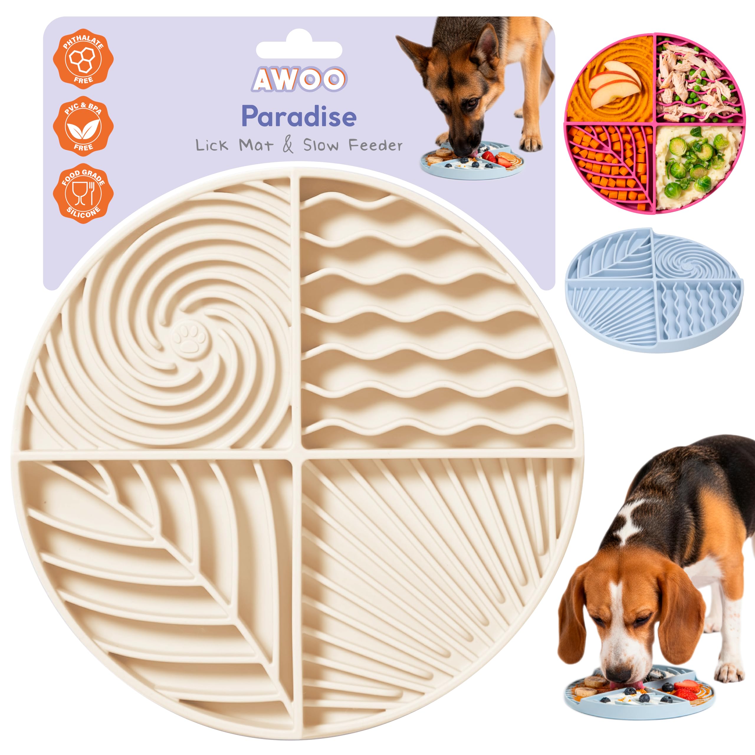 Awoo Paradise – Tapis à lécher en silicone pour chien et chat et mangeoire lente avec ventouses – Antidérapant, passe au lave-vaisselle – Prolonge l'heure des repas pour les mangeurs rapides et réduit