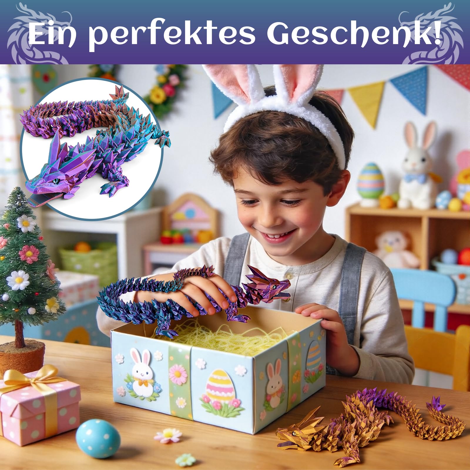 Drago stampato 3D, 60 cm, giocattolo con gli occhi, misteriosi figure di drago realistico, con articolazioni eque, in cristallo, regalo per bambini