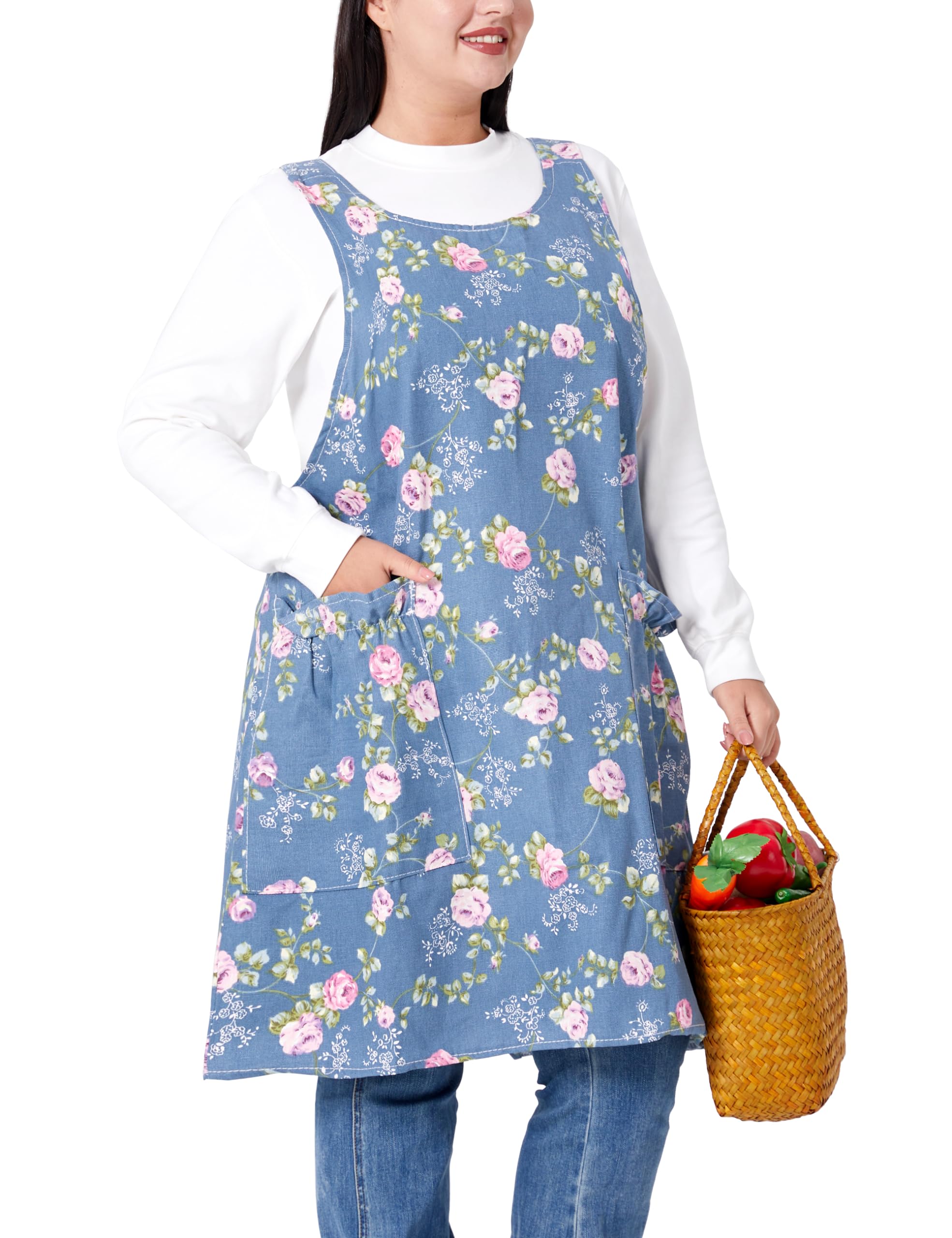 VIKIDEER Comfortable Huge Plus Size Aprons for Women Adjustable Cross Back Floral Cotton Linen Aprons