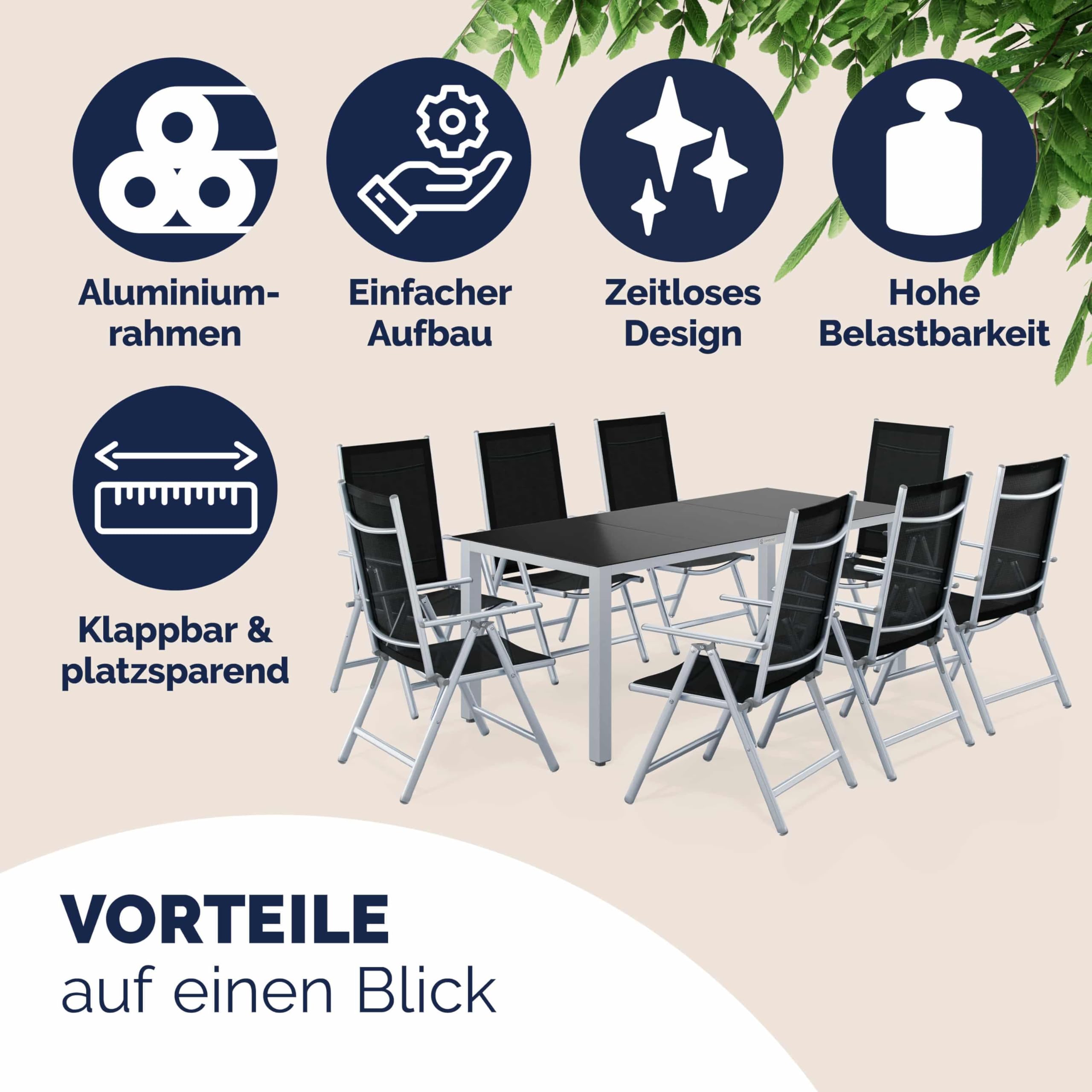 Casaria® Gartenmöbel Set 8 Stühle mit Tisch 190x90cm Aluminium Sicherheitsglas Wetterfest Klappbar Modern Terrasse Balkon Möbel Sitzgruppe Garnitur Bern