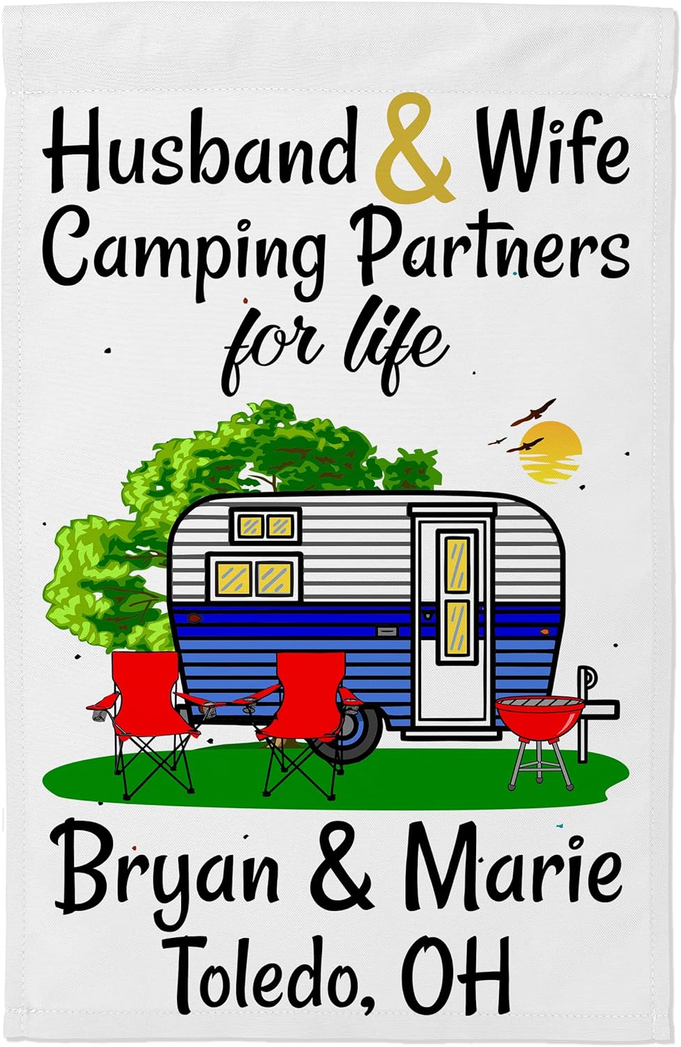 Personalized Camping Flag, Features Blue Vintage Travel Trailer, Husband & Wife Camping Partners for Life, and 2 Lines of Your Custom Text, Printed On White Fabric