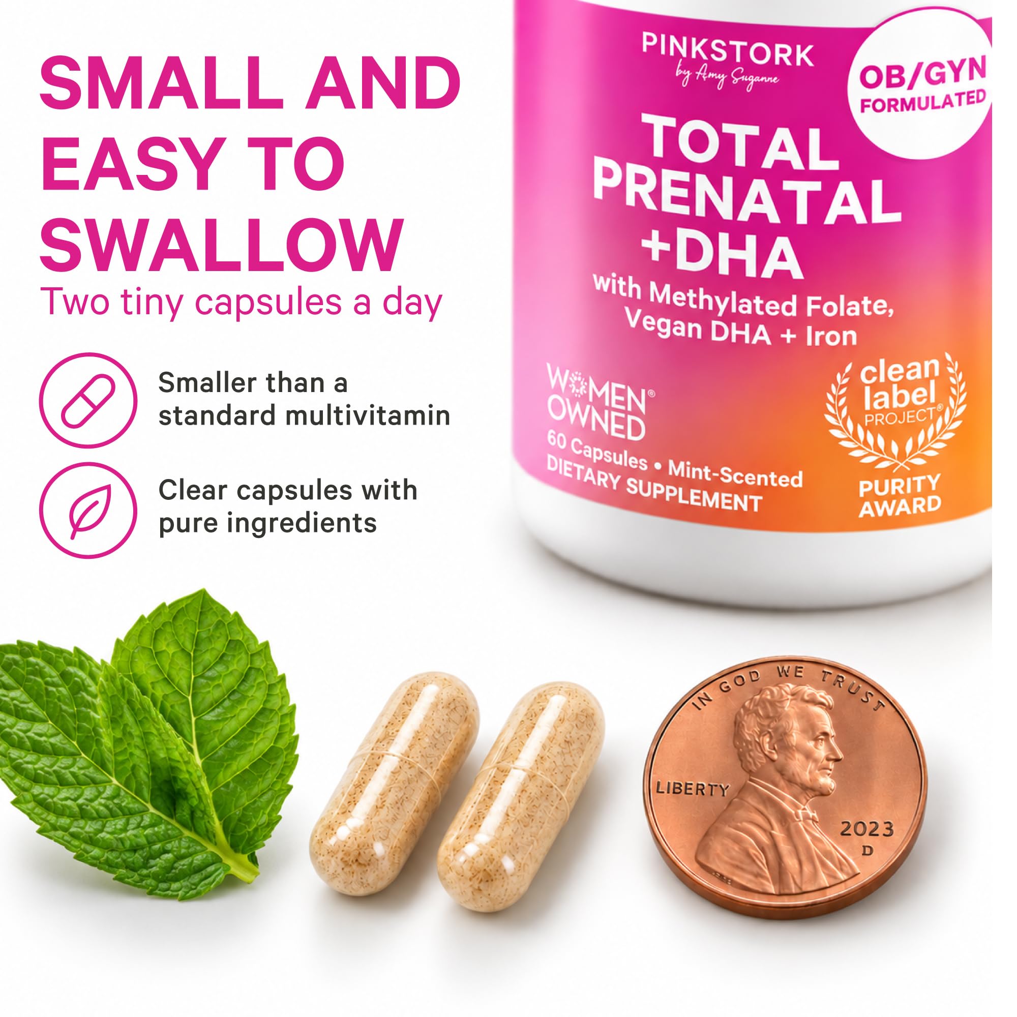 Pink Stork Total Prenatal + DHA, Vegan, Clean Label Award, 60 Count, Mint — Amazon image 5