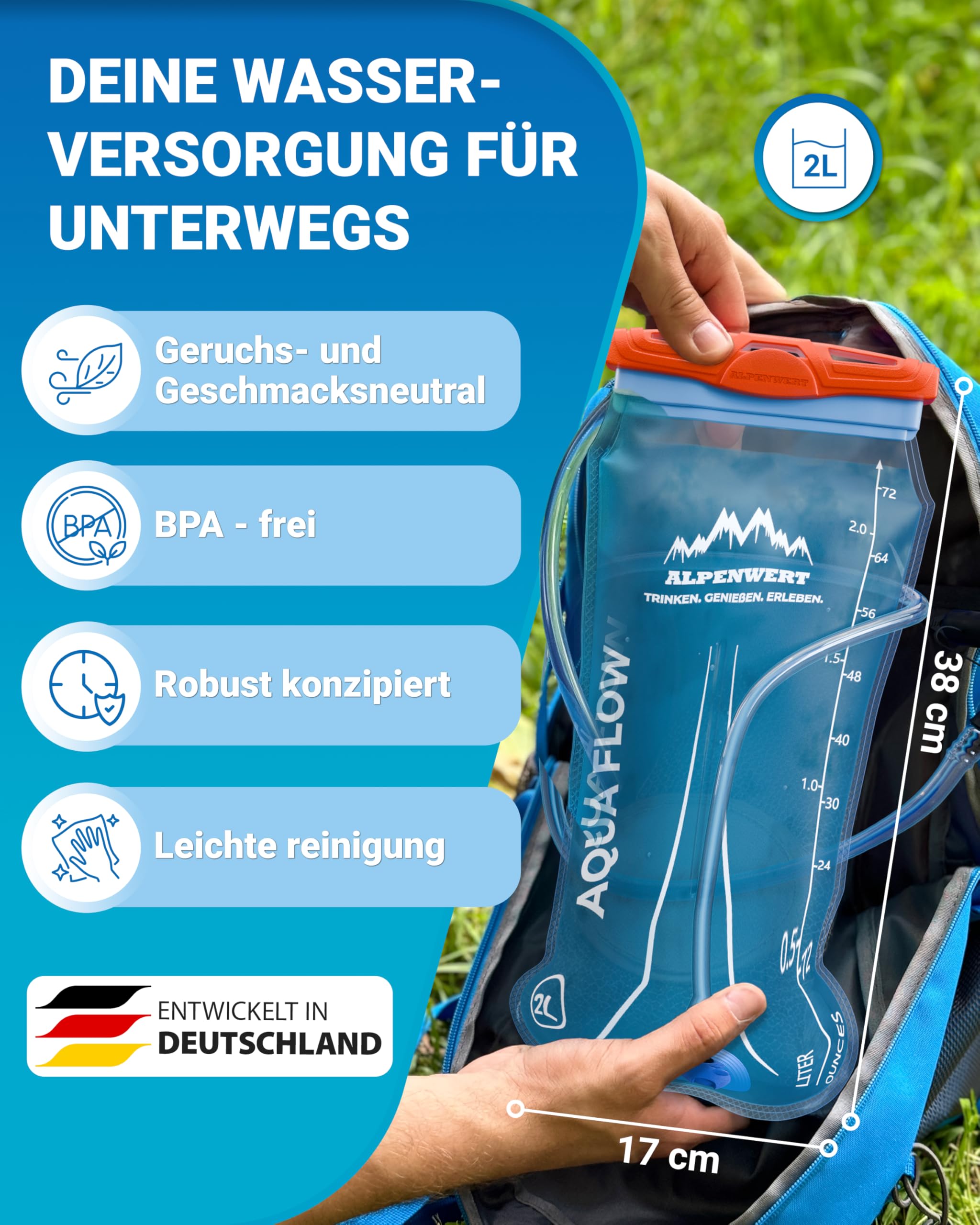 Alpenwert® Trinkblase mit Trinkschlauch [Wasserblase 2L/3L BPA FREE] Ultraleicht Trinksystem für Rucksack perfekt für Outdoor, Laufen, Trailrunning
