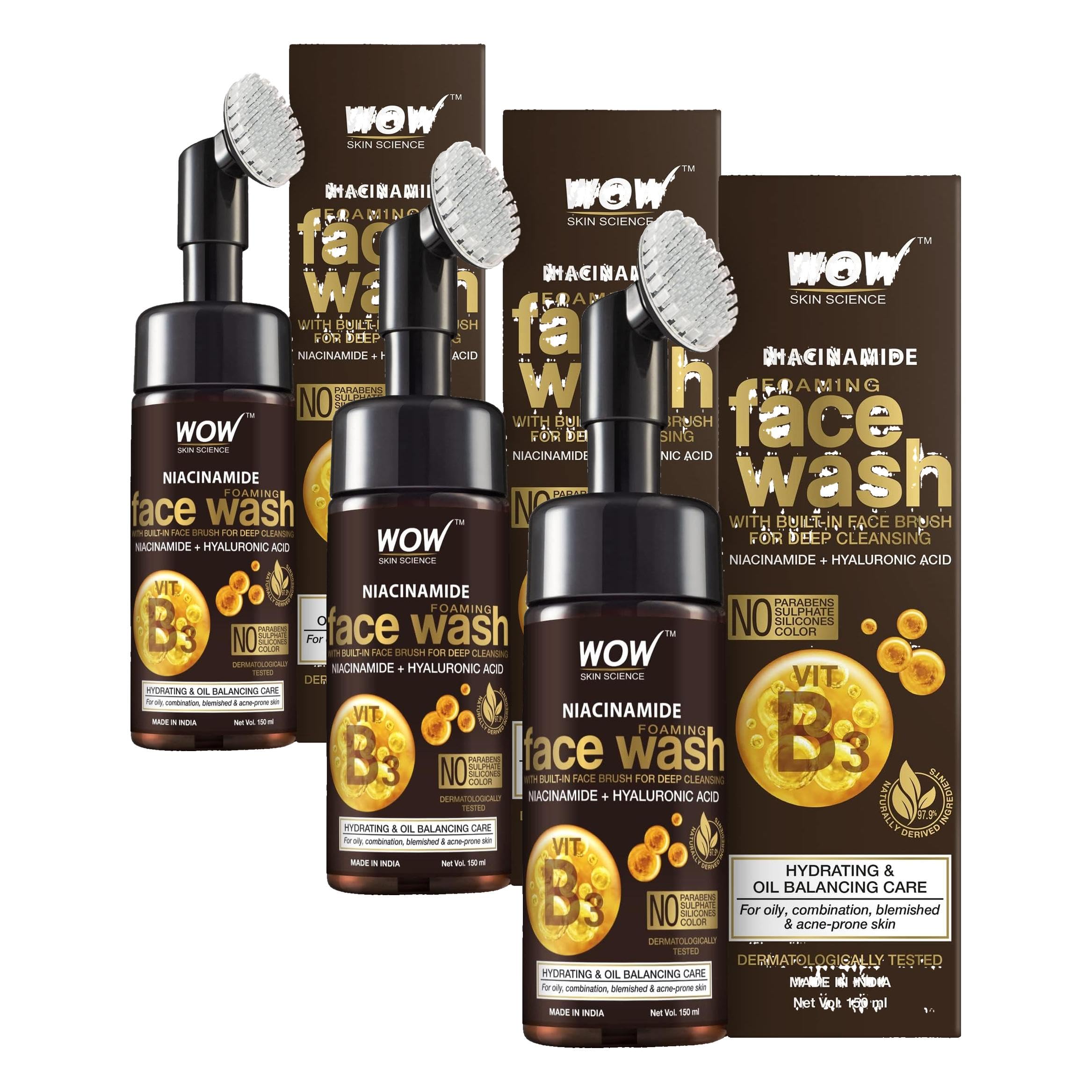 WOW Skin Science Niacinamide Yüz Temizleme Köpüğü ve Dahili Fırçalı-Lekeler, Yağ Kontrolü, Akne Yüzde Doksan Yedi, Doğal İçerik 150ml (3 paketi)