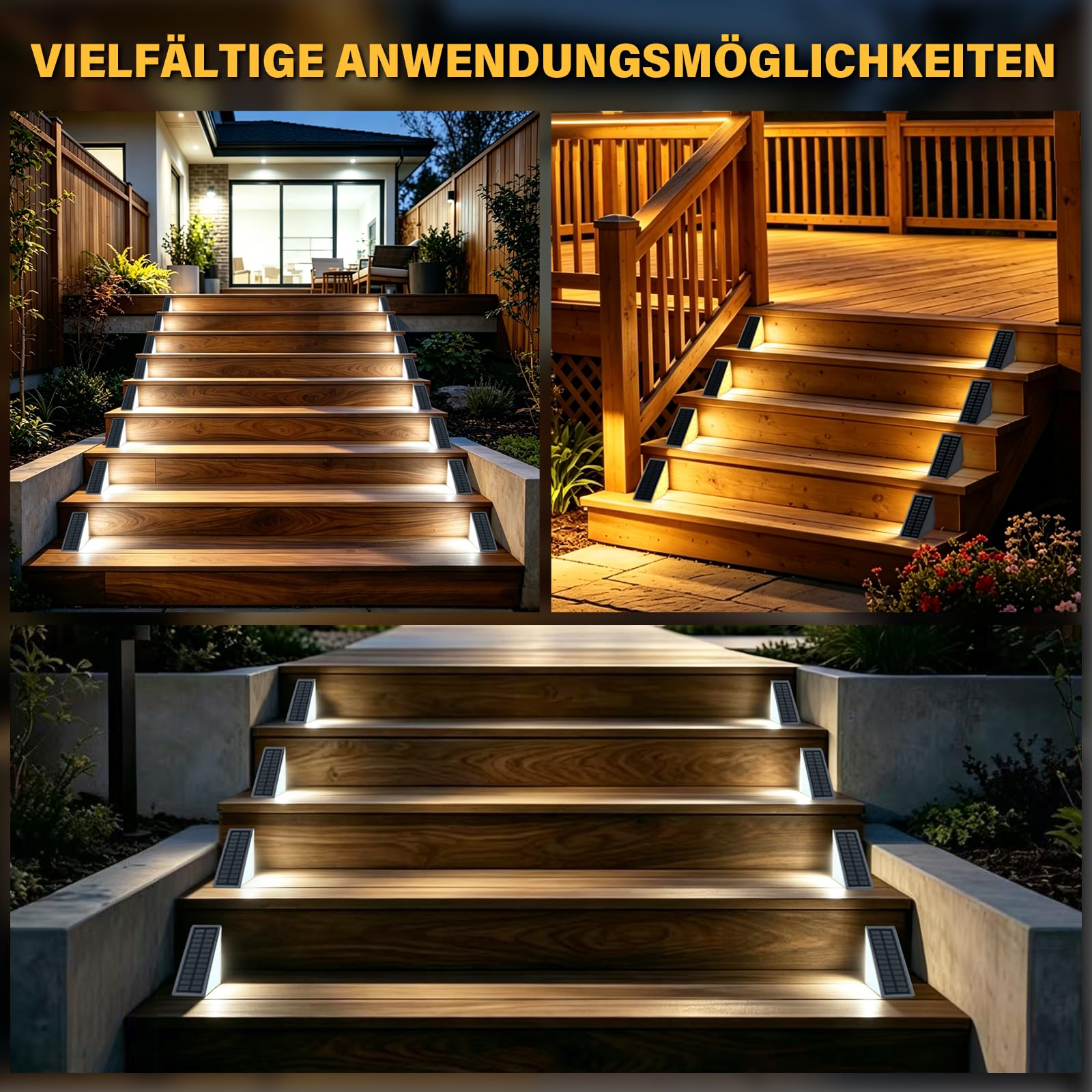Lot de 4 lampes solaires d'escalier d'extérieur - Blanc froid et blanc chaud - Étanche IP67 - Pour sol, véranda, décoration, cour, allée, jardin, trottoirs