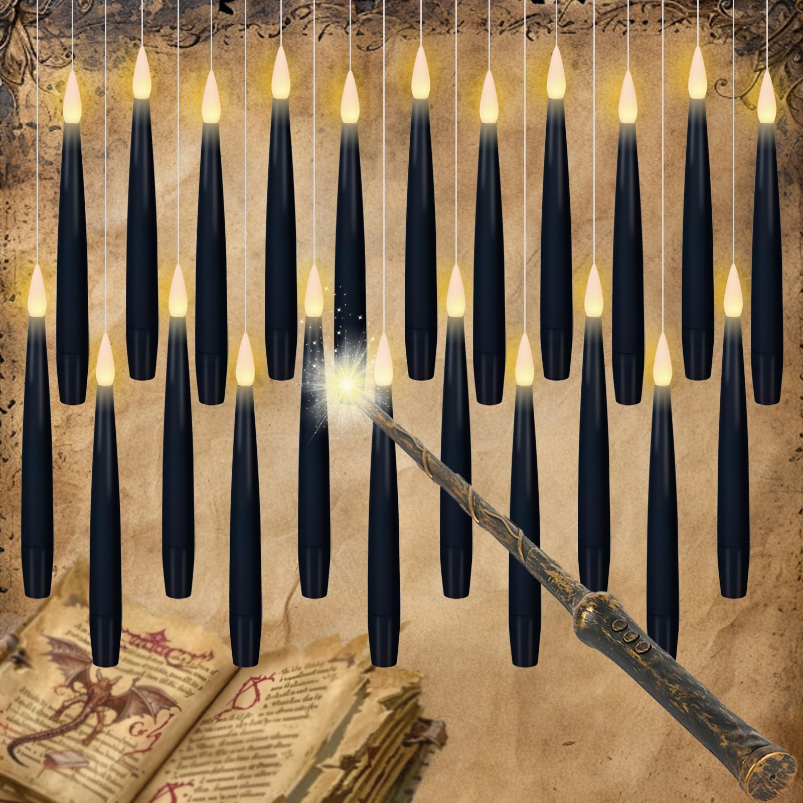 Eldnacele 22pcs LED Floating Candles with Wand Remote, Battery Operated Flickering Taper Candles, 6.1" Flameless Electric Candle for Halloween Decorations(Black)
