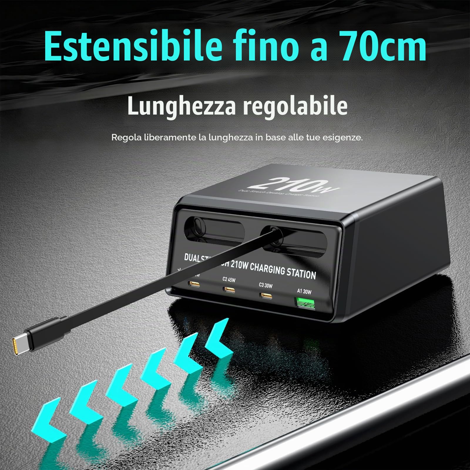 Caricatore GaN da 210W con 2 cavi retrattili, stazione di ricarica USB C a 6 porte (5C 1A), doppie porte da 45W per MacBook e laptop, caricatore veloce a protocollo completo per casa