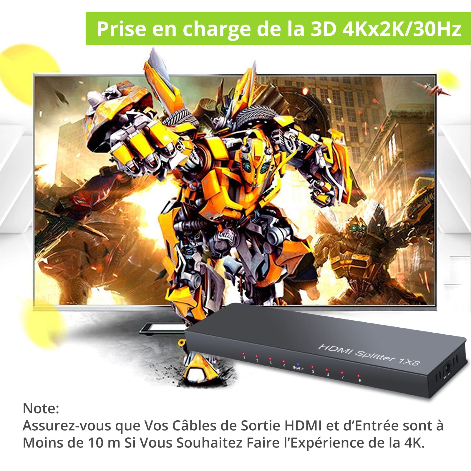 LiNKFOR 4K/1080P 30Hz/60Hz 3D HDMI Splitter Répartiteur 1 Entrée 8 Sorties avec Adaptateur Secteur Distributeur HDMI 1X8 Boîte de Ports UHD HDCP 1.2 pour Projecteur HDTV Lecteur PC Blu-Ray STB PS3