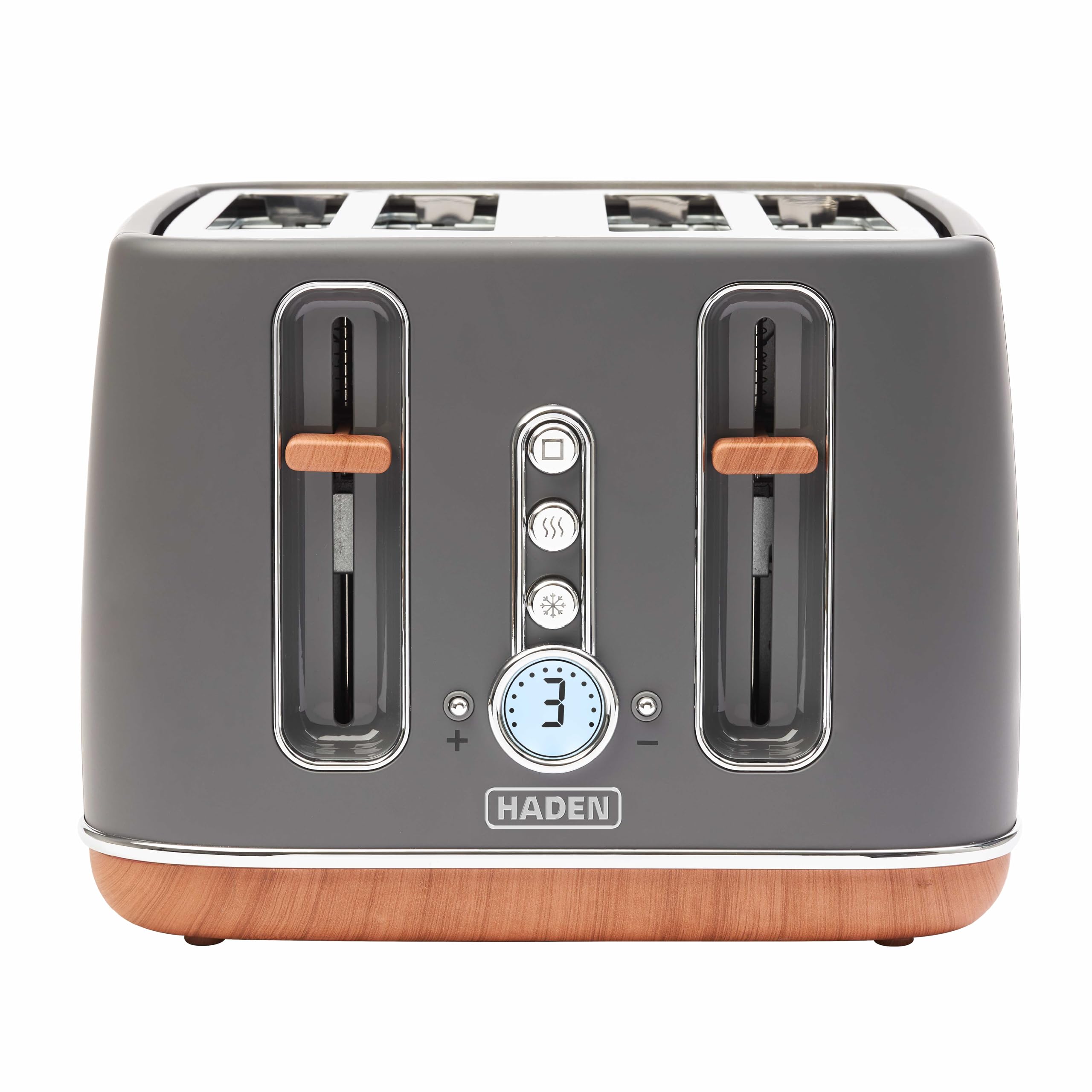 Haden Dorchester Grey Toaster 4 Slice - Variable Browning Levels - Digital Controls & Wide Slots 4 Slice Toaster - Cancel/Defrost/Reheat Settings - With Wood Effect Finish