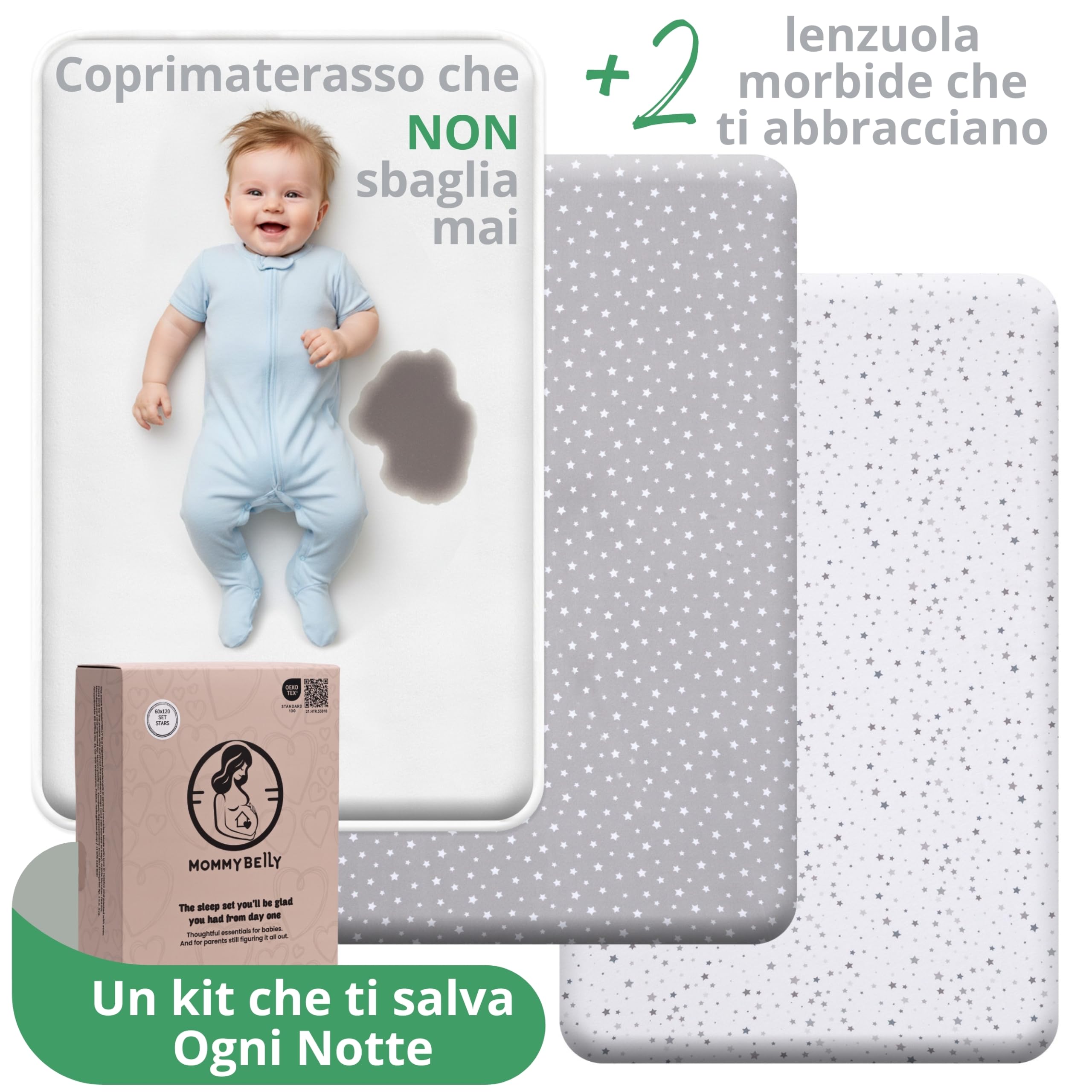 Set Lenzuola Lettino Neonato 60x120 / 60x125. 2 Lenzuola con Angoli in Cotone Jersey + 1 Coprimaterasso Impermeabile in Spugna. Certificato OekoTex. Fantasia Stelle 125x60 / 120x60