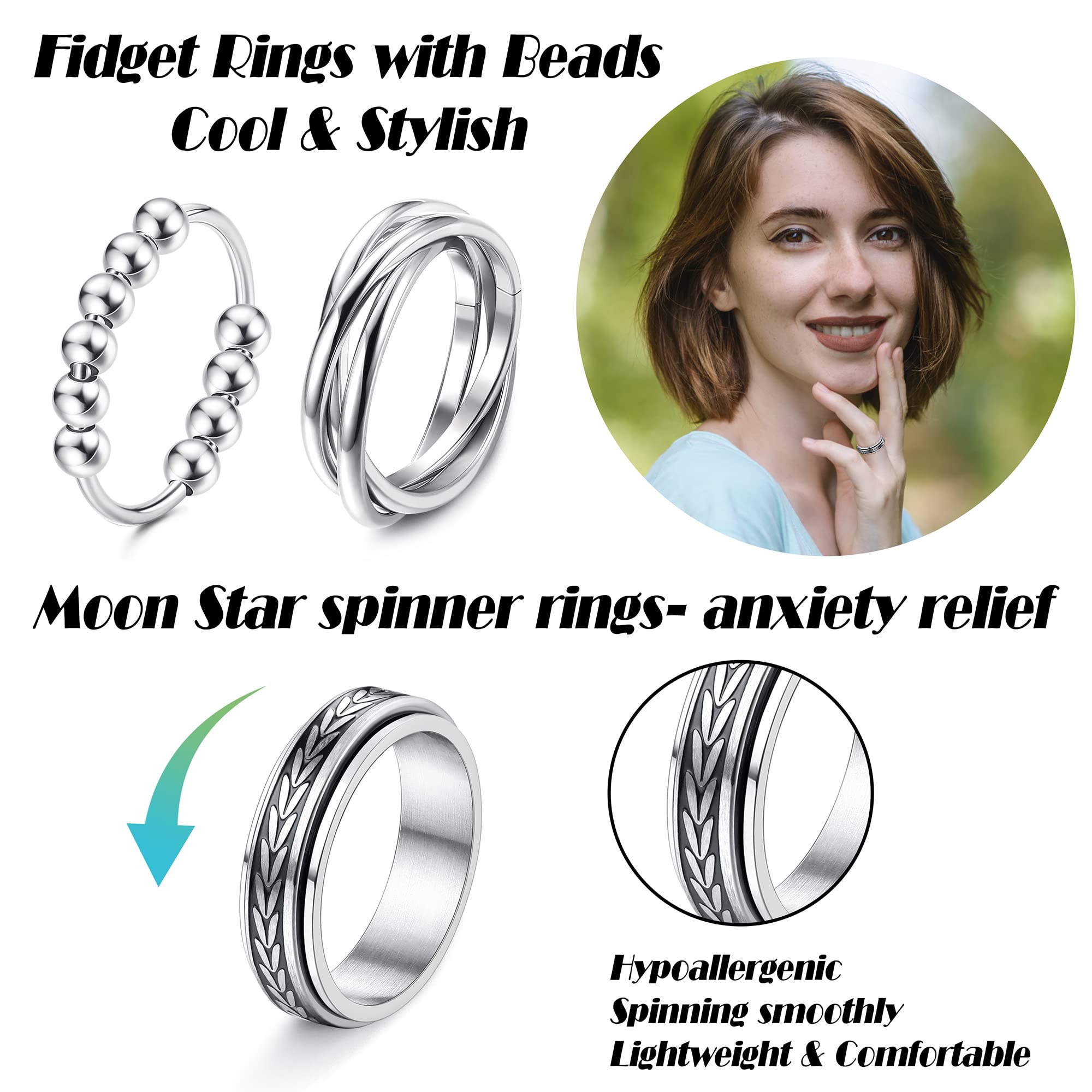 Jstyle Anelli Fidget per ansia, 9 pezzi, in acciaio inossidabile, anti-ansia, anelli con perline, luna e stella, triplo intreccio, fiori rotanti, set di anelli per alleviare lo stress, per donne e