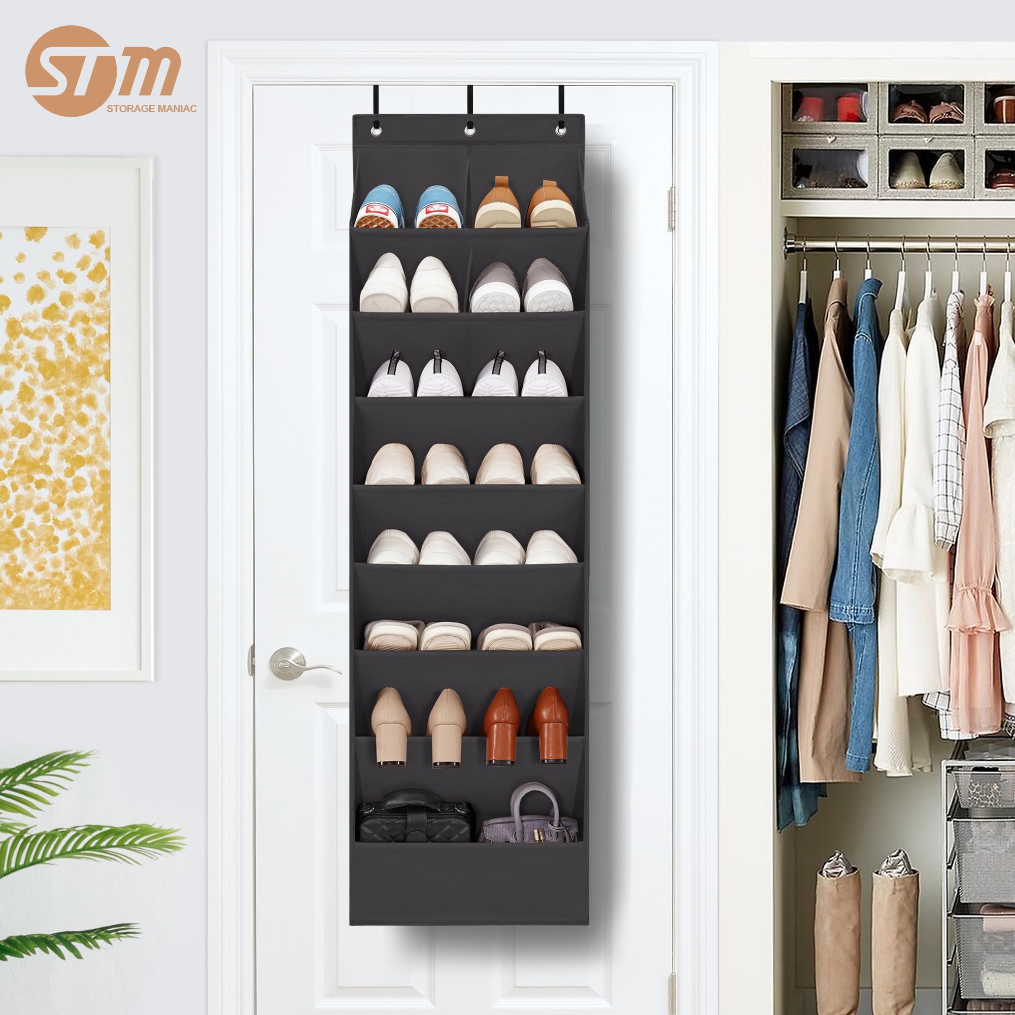 STORAGE MANIAC Organizador de zapatos resistente para colgar sobre la puerta con bolsillos grandes y profundos, organizador de zapatos para armario, organizador de almacenamiento de zapatos,
