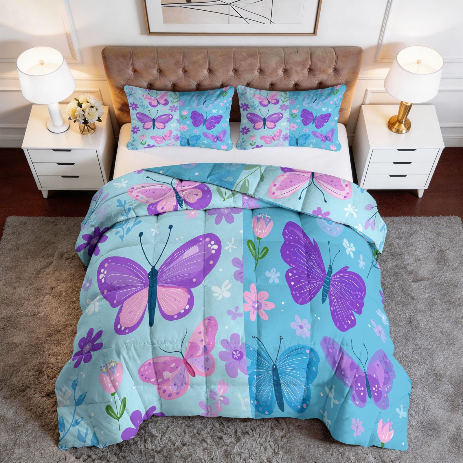 Trapunta Copriletto 260x240 cm Farfalle Fiori Trapuntino 4 Stagioni Stampa 3D, Trapunta Inverno Estivo, Trapuntato Coperta Letto per Adulti Bambini