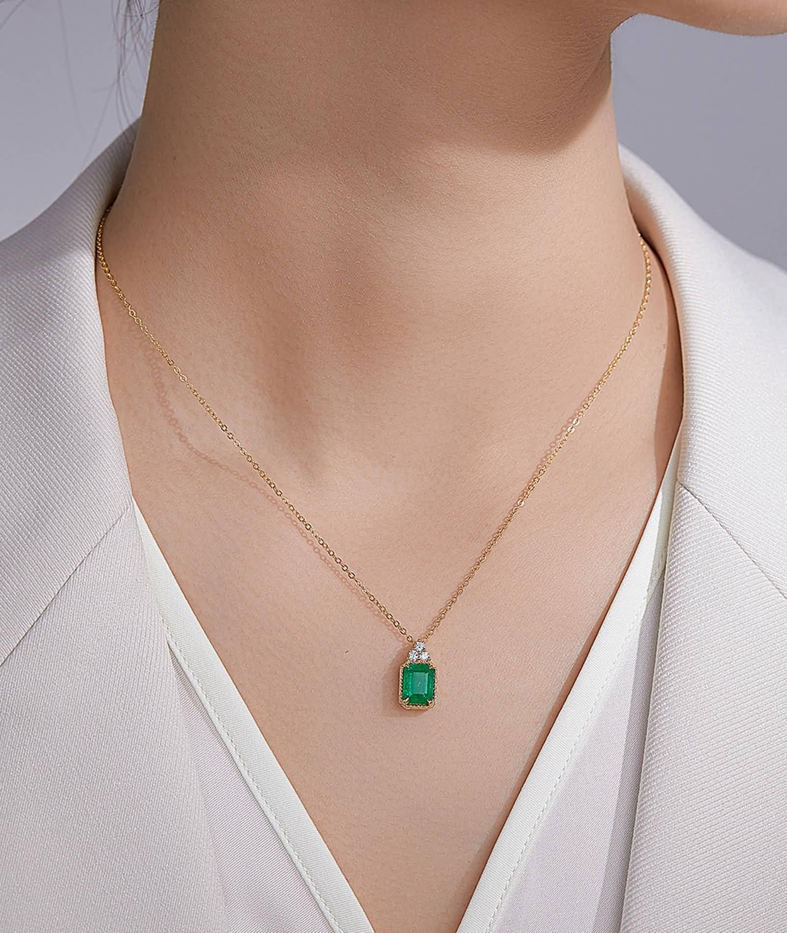 Collana in oro giallo con smeraldo 9 K/14 K/18 K, ciondolo rettangolare con smeraldo naturale da 1 ct con diamante, collana in vero oro da donna