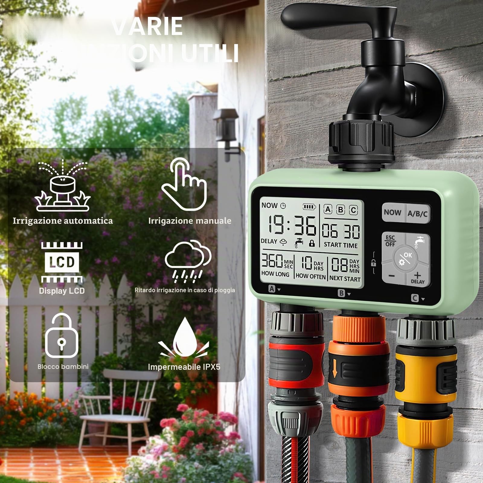 Temporizzatore di Irrigazione Automatico,Timer per l'irrigazione del Giardino con Display LCD,Temporizzatore di Irrigazione Manuale/Modalità Blocco Bambini/Ritardo Pioggia/Impermeabilità IPX5