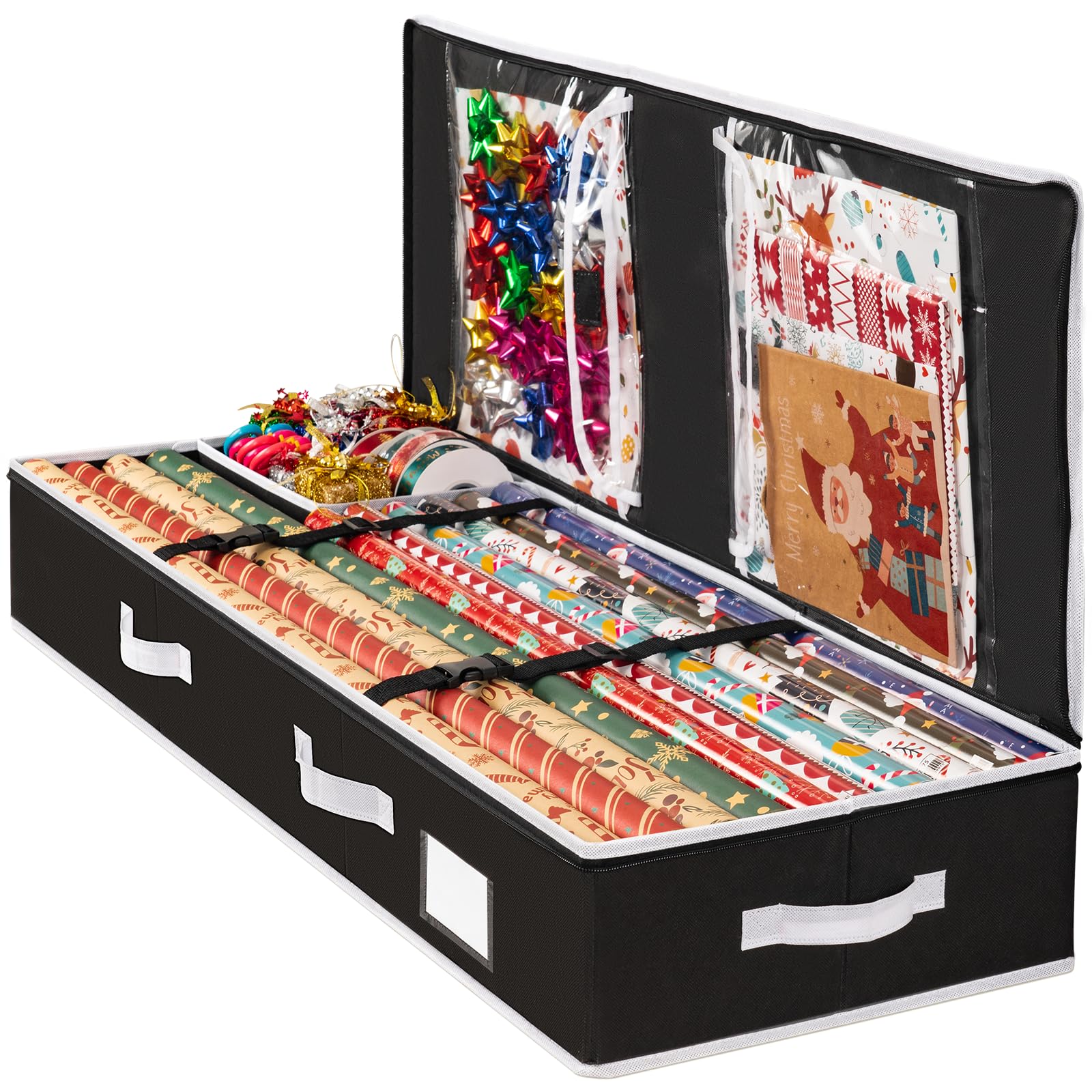 Criusia Gift Wrapping Paper Organizer Storage, Durable Underbed Storage Container Fits 24 Rolls, with Removable Dividers and Pockets for Ribbon, Ornaments, Holiday Accessories, Black