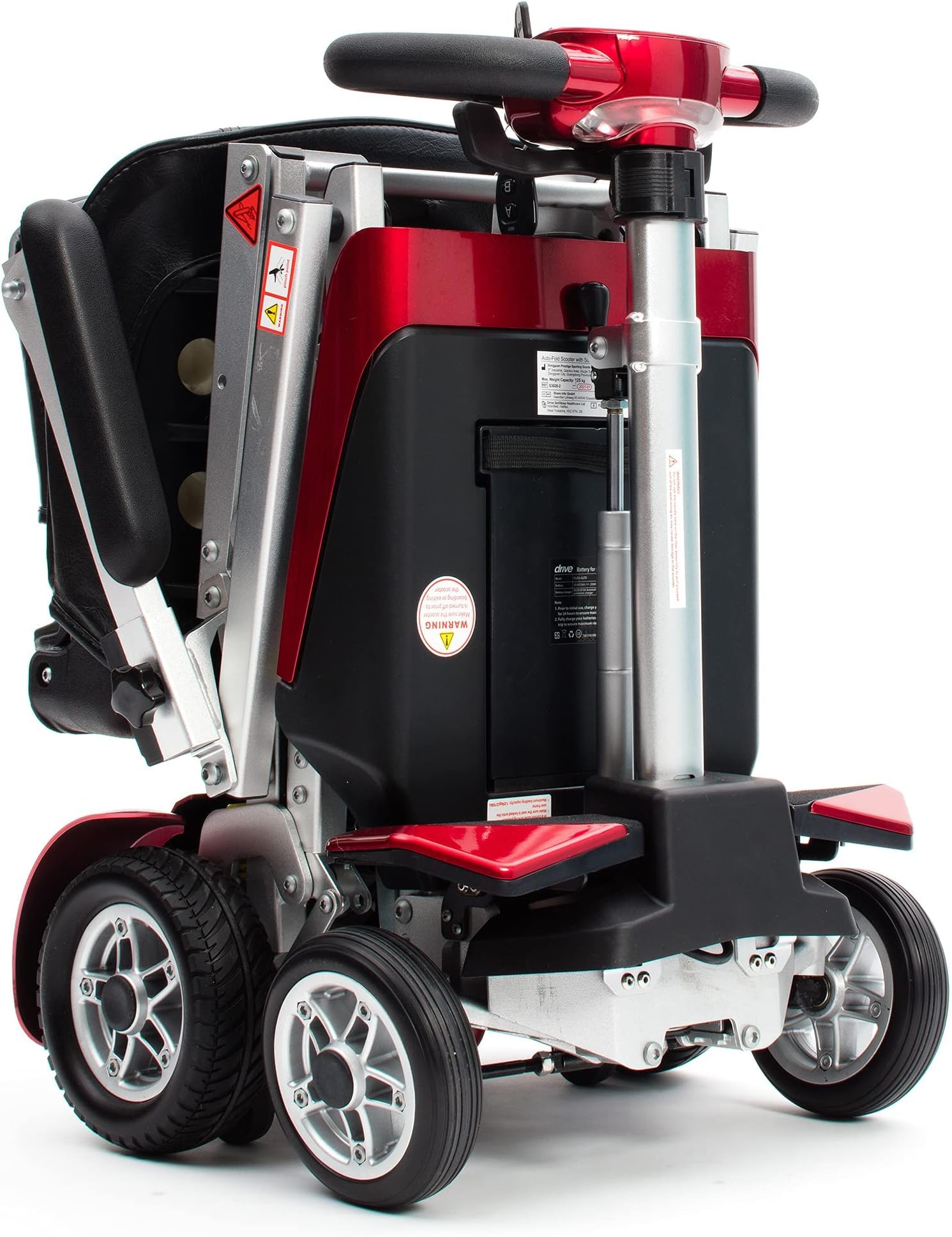 Drive Devilbiss Elite Auto Folding Electric Mobility Scooter/LED Front Headlight & USB Charging Port - Striking Design, Metallic Silver Finish, & Light-Up LCD Screen for Smooth Riding - Red