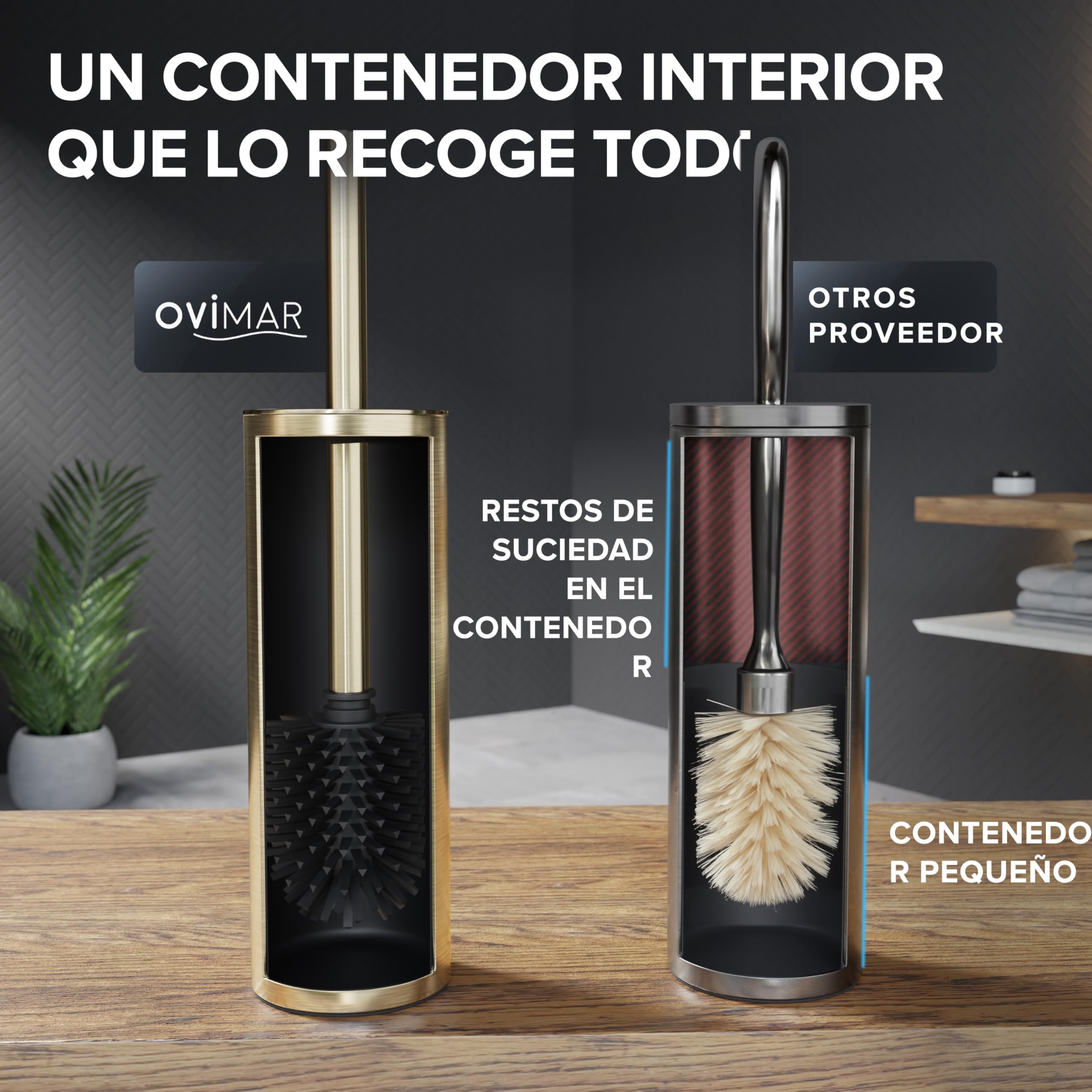 ovimar Escobilla para inodoro Hou | Silicona | Oro | De Acero Inoxidable con Tapa l Independiente para baño e Inodoro de invitados | Escobilla de inodoro con cabezal intercambiable | Diseño Silvolles