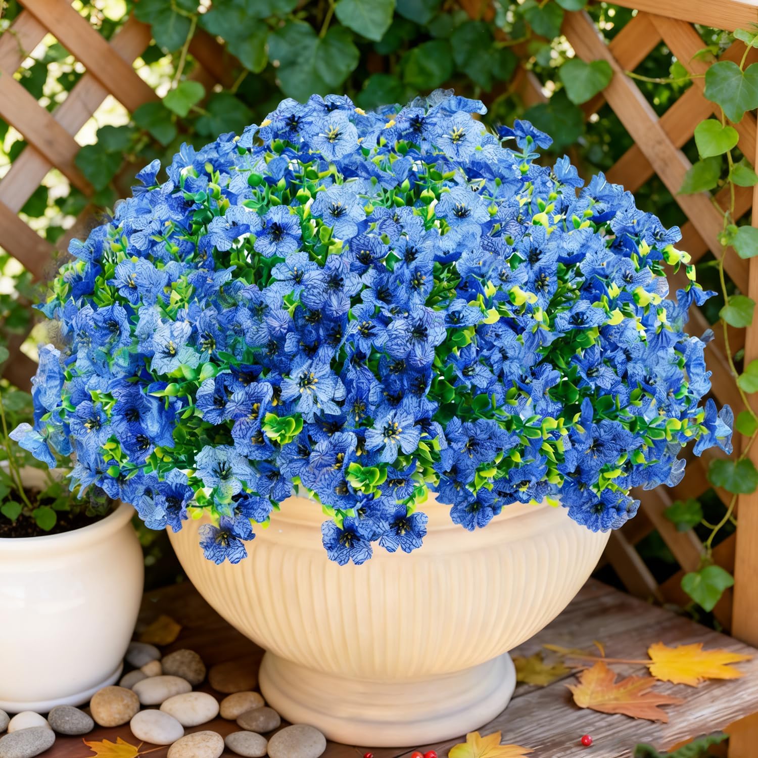 Artificial Mums for Outdoors, Faux Mums of Fake Flowers for Outdoor Planters, No Fade Vibrant Artificial Flowers for Porch Patio Yard Decoration, 12 Bundles, Blue