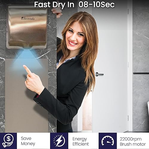 Miniatura 5 de 5Seconds Secadores de manos eléctricos para baños comerciales en 1800 W, acero inoxidable con filtro Hepa, sensor sin contacto, alta velocidad de