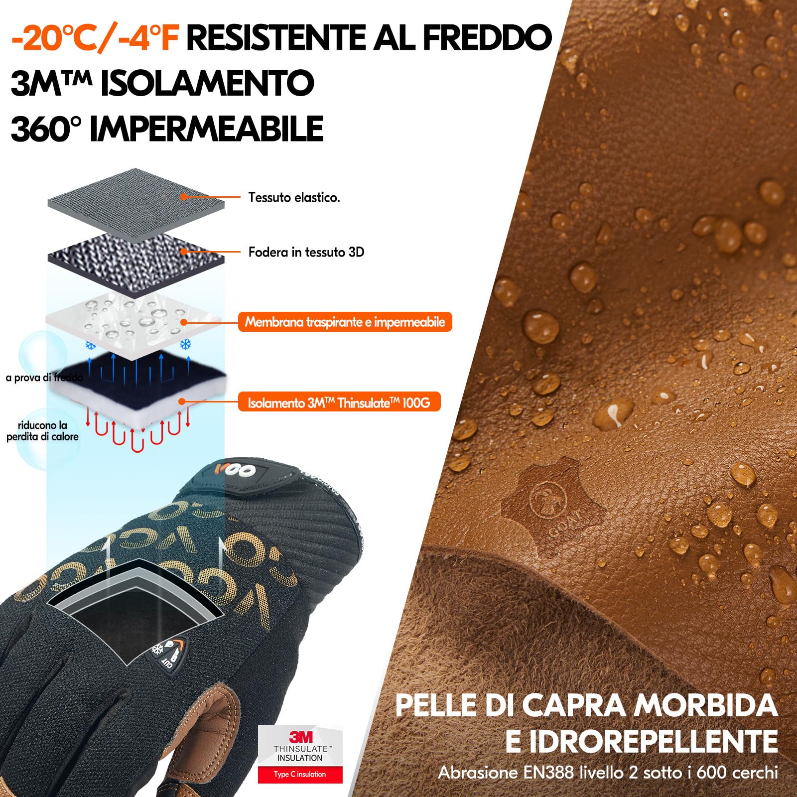 Vgo... Guanti da Lavoro Invernali Impermeabili, Guanti Termici Touchscreen in Pelle Caprina per Congelatore Montaggio Frigo Multifunzione,1 paio