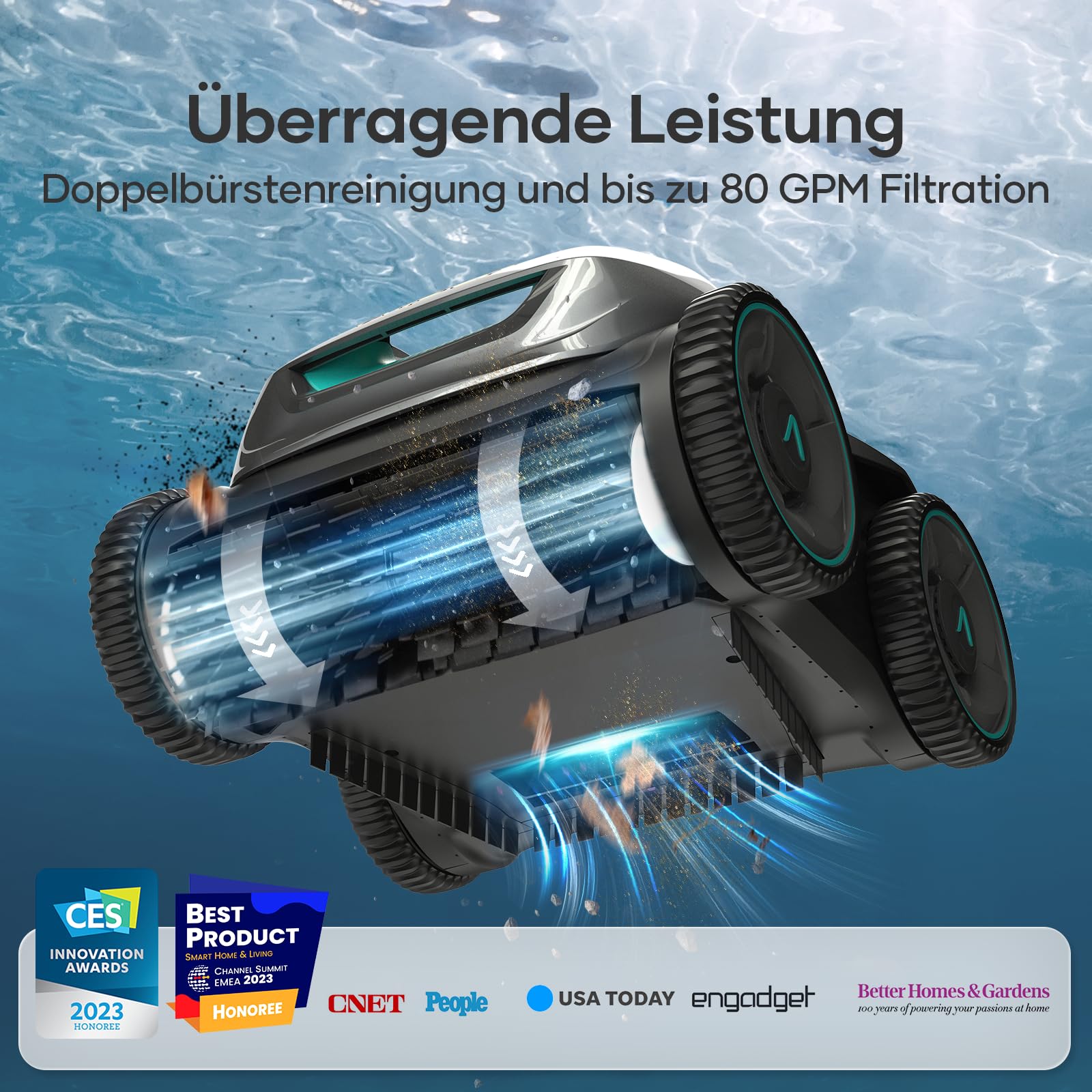 AIPER ZT6002 Poolroboter, Quad-Motorensystem, WavePath Navigationstechnologie, 3 Reinigungsmodi, Poolsauger Akku Kabellos, Poolroboter Boden und Wand Ideal für Pool bis zu 150㎡ (Generalüberholt)