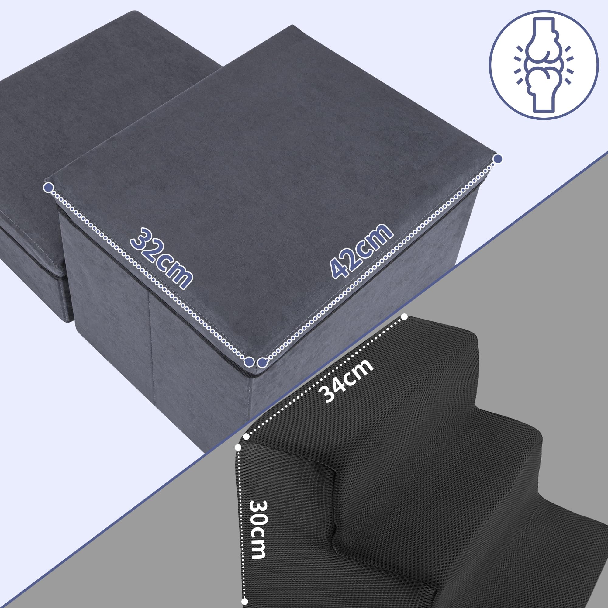 AKOZLIN Hundetreppe,2 Stufen,faltbar,Mit Stauraum,2-in-1 Haustiertreppe | Extra breite Haustierrampe,Für kleine bis große Hunde und Katzen,Dunkelgrau,32×64×42cm,Zwei Schichten