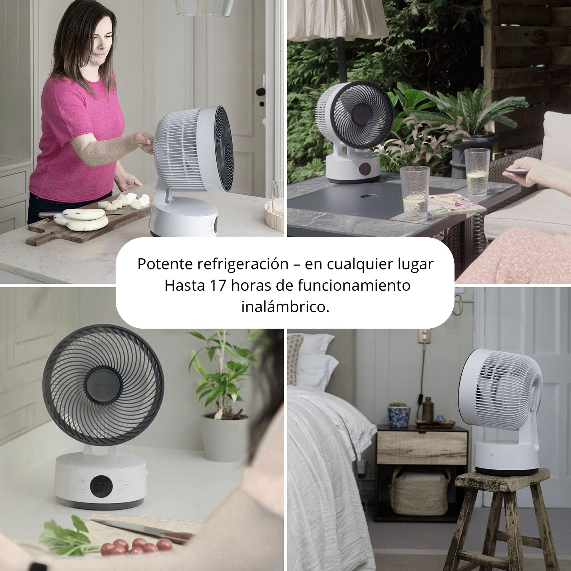 MeacoFan Sefte® 8", ventilador portátil con batería reemplazable, uso interior/exterior, silencioso, 12 velocidades, modo ECO inteligente, blanco compacto
