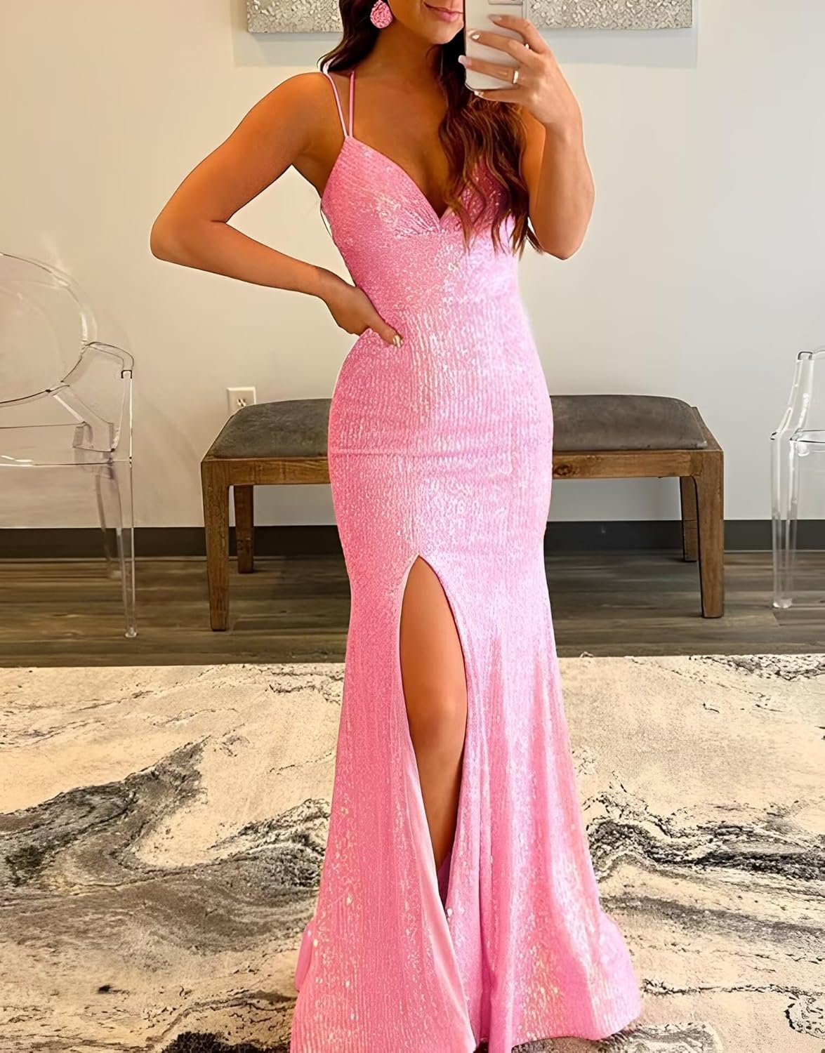 Spaghetti Strap Sparkly Sequin Mermaid Prom Dress with Slit Long Corset Formal Dress Evening Gowns - Image 4