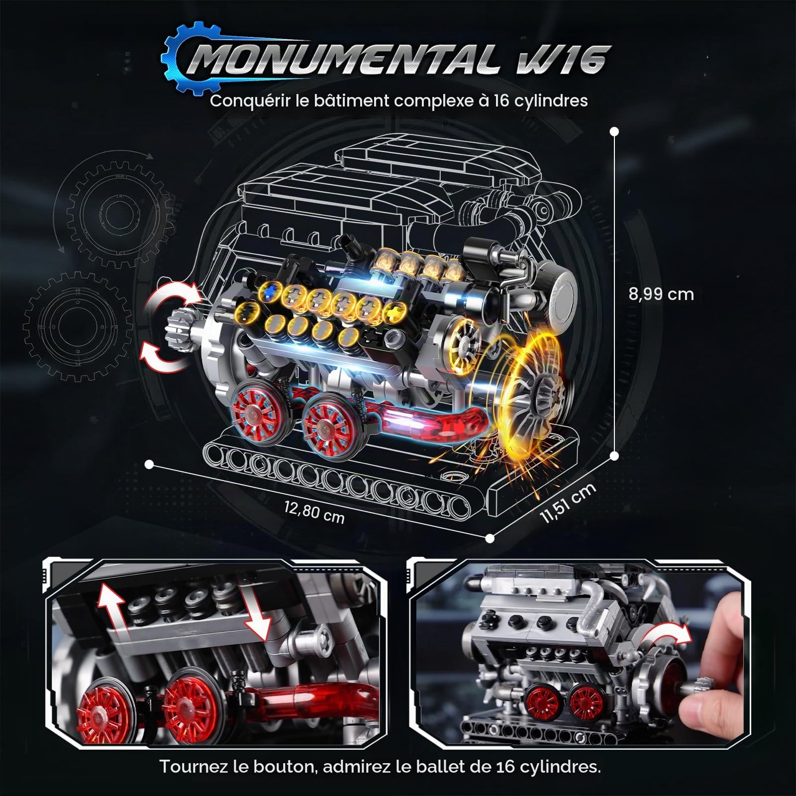 JMBricklayer Kit de Maquette de Moteur 3-en-1 qui Fonctionne, Kits Moteur V8 V12 W16 pour Adultes Adolescents, Jouet STEM Cadeau de Collection pour Passionnés d'Auto