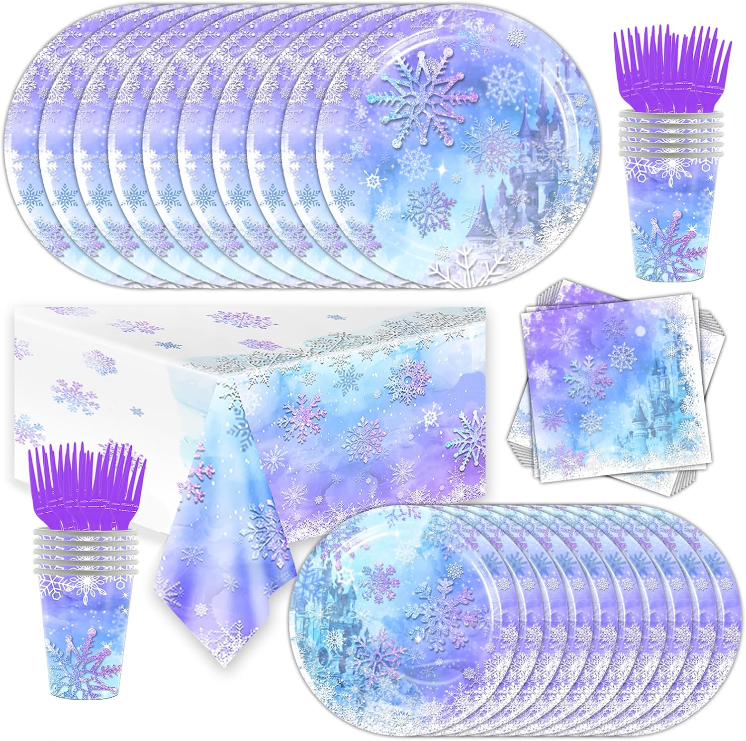 101pcs Frozen Party Plates Paper, Winter Snowflake Supplies Round Plate for Christmas Xmas Winter Wonderland Frozen theme Party Supplies