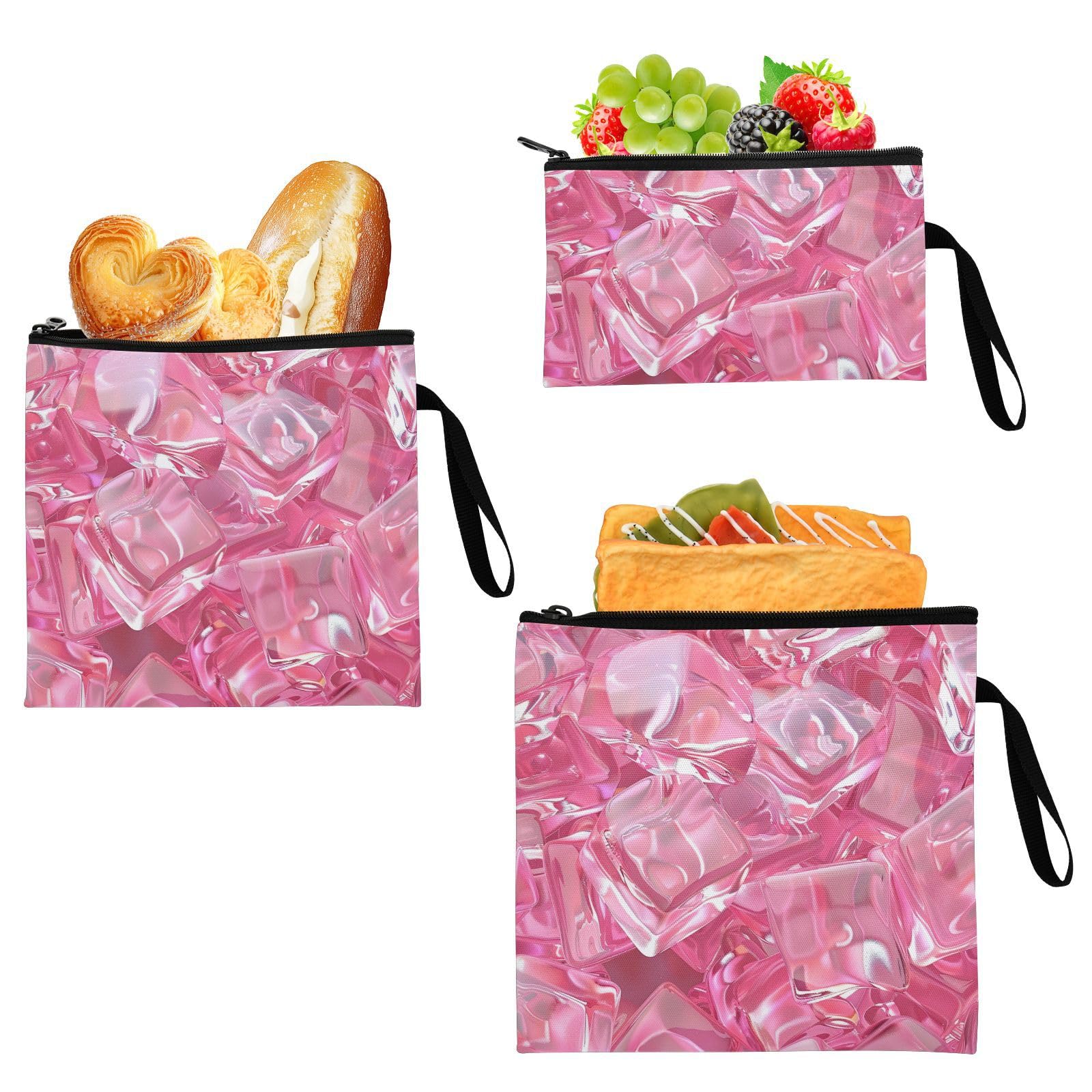 Pink Transparent Ice Cubes 3 pack Reusable Travel Snack Bags Portable Food-Safe Storage Zipper Bag for Camp Friends and Gear
