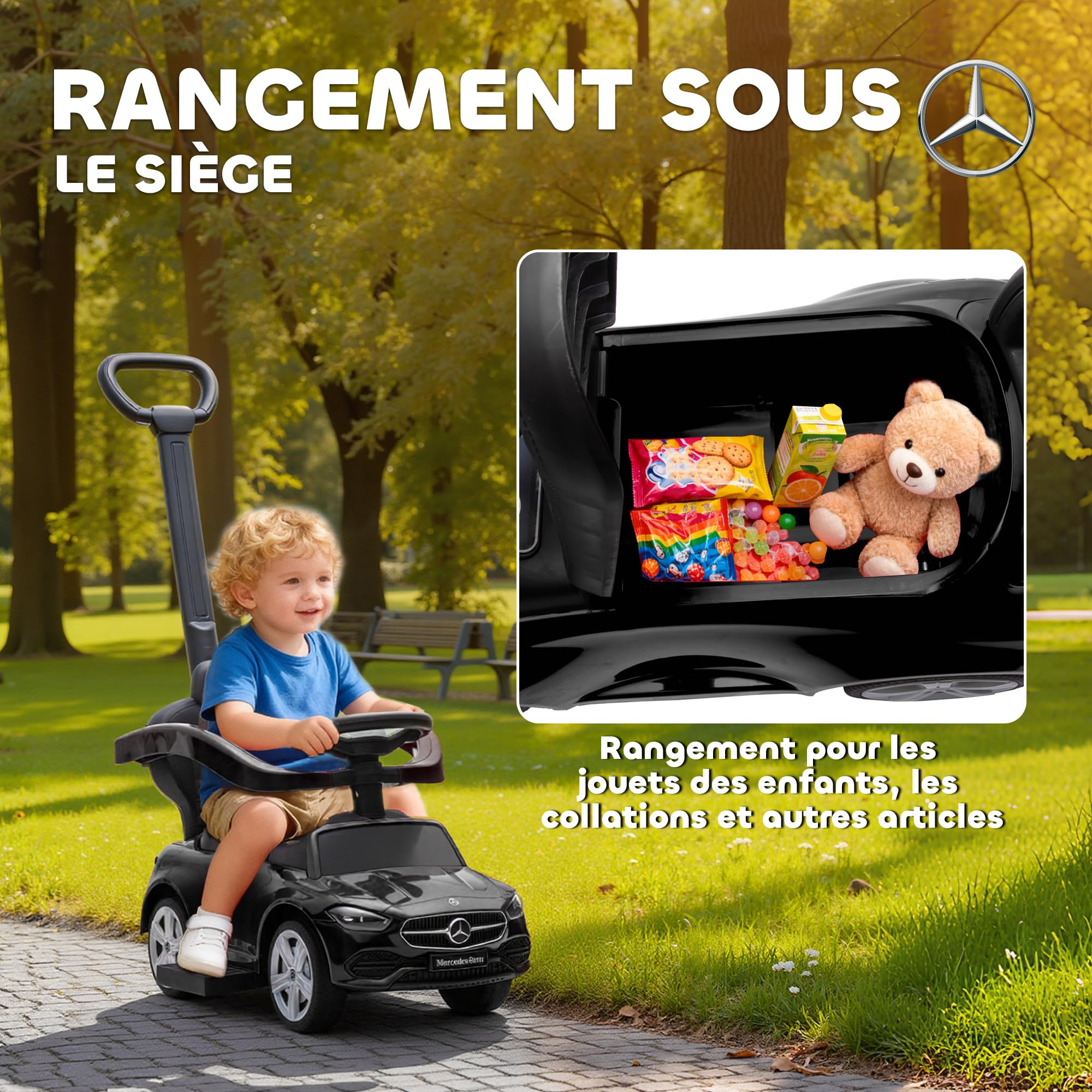 AIYAPLAY Portabebés Mercedes-Benz con Licencia, 2 en 1 con Asa Extraíble, Pasamanos, Espacio para Guardar Cosas, Claxón y Volante, para Niños de 18 a 36 Meses, Negro