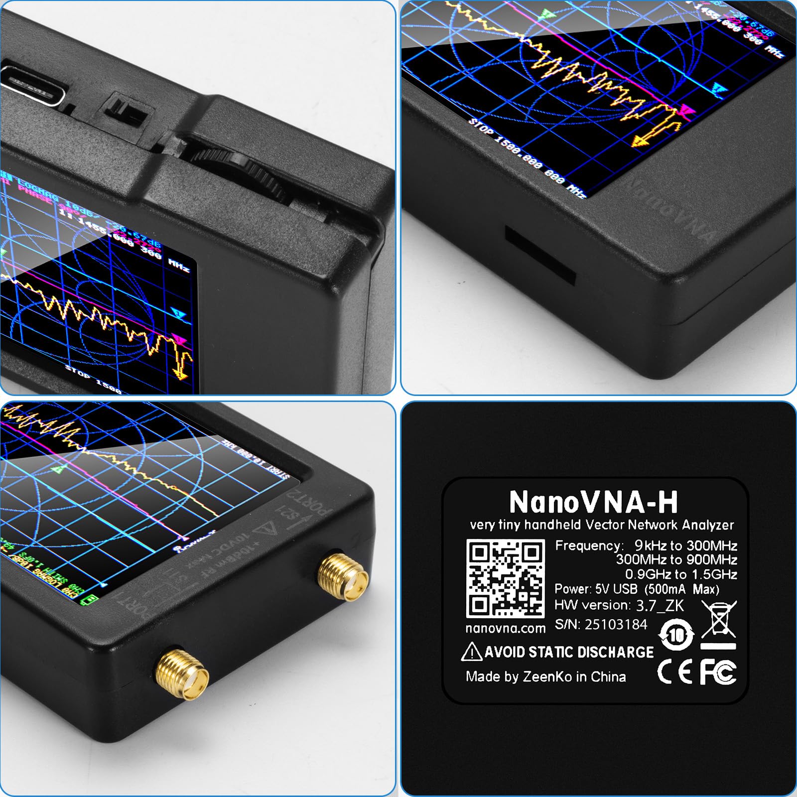 AURSINC Nanovna-H Analyseur réseau vectoriel 10 kHz - 1,5 GHz HF VHF UHF Analyseur d'antenne Mesure des paramètres S, Rapport d'onde Stationnaire de Tension, Retard, Table de Smith Version REV3.7