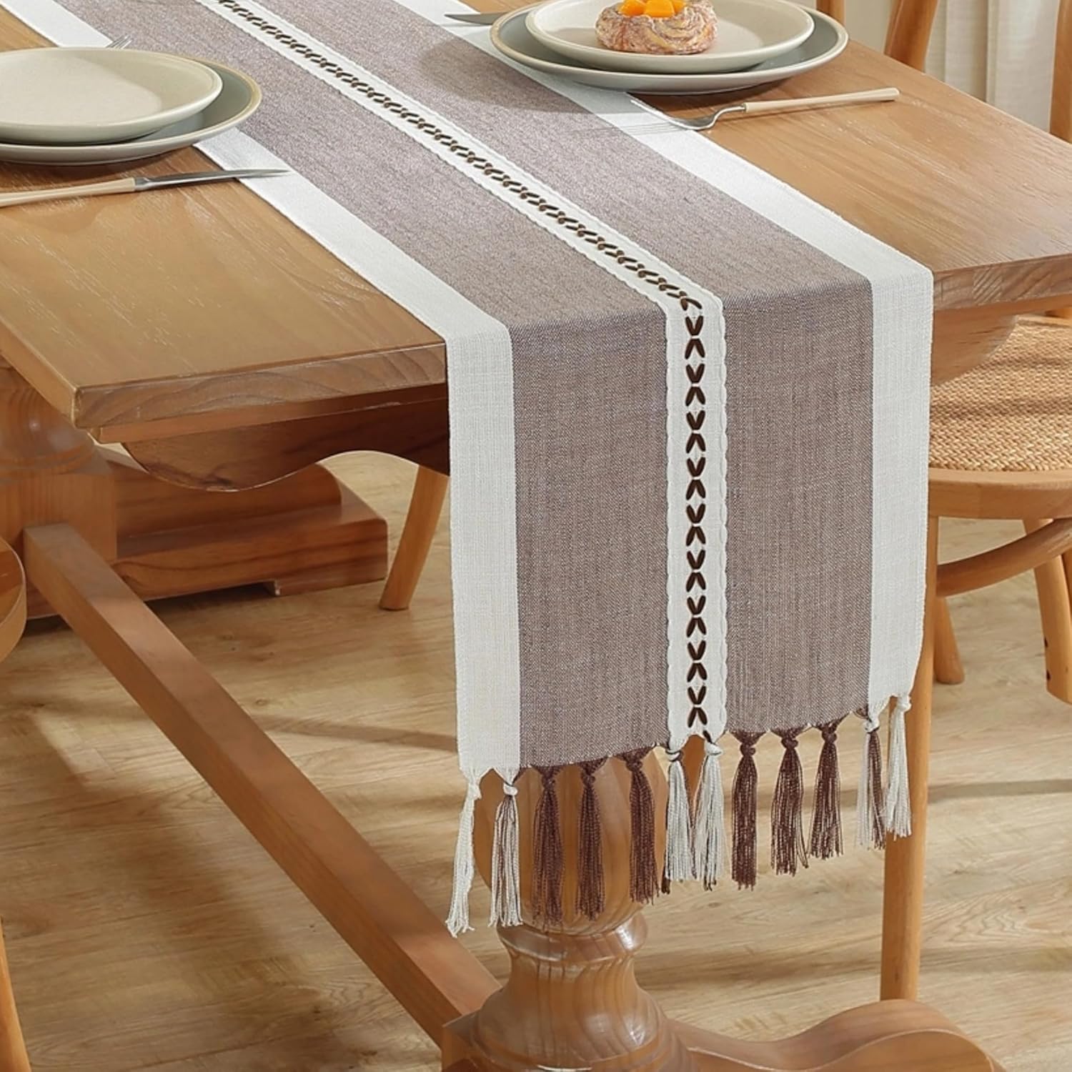 Rustic Linen Table Runner with Tassels, Farmhouse Table