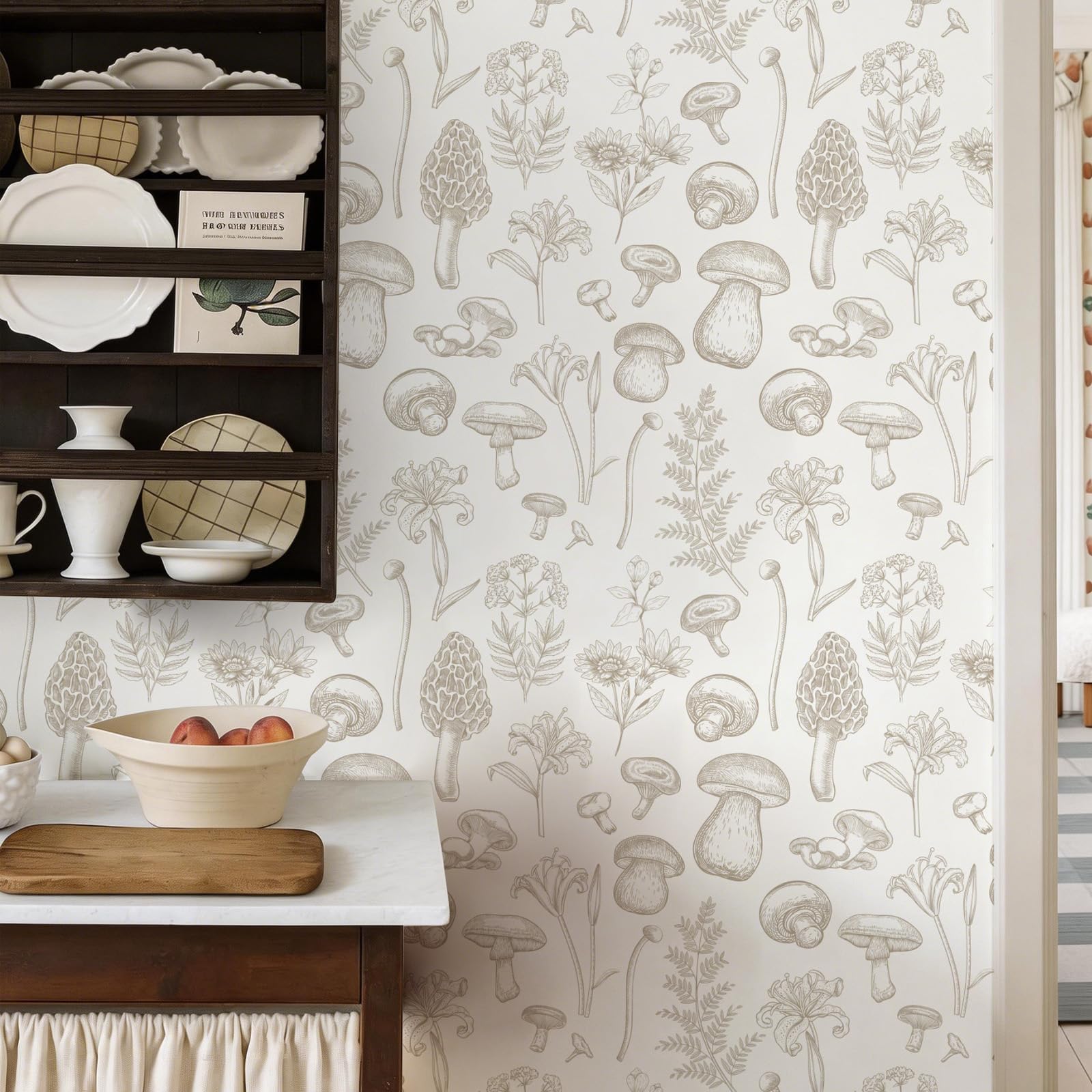 Photo 1 of LUKUUI Mushroom Wallpaper Peel and Stick Vintage Floral Contact Paper Boho Self Adhesive Beige Removable Wallpaper Mushroom Forest Decorative Contact Paper for Bathroom Cabinets Vinyl 17.3" x 78.7"