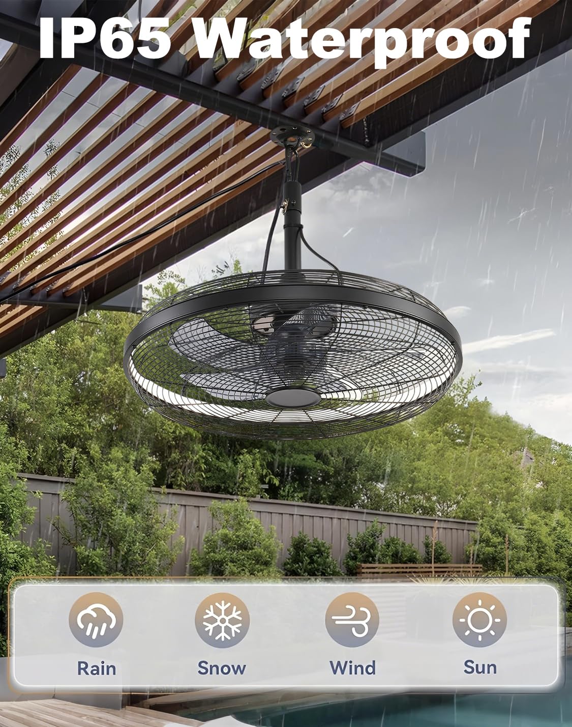 Outdoor Deckenventilator mit Beleuchtung und Fernbedienung IP65 Wasserdicht Aussen Ventilator Deckenlampe Leise Dimmbar Lampe mit Ventilator 6 Gang Lüfterlicht für Schlafzimmer Balkon Außen