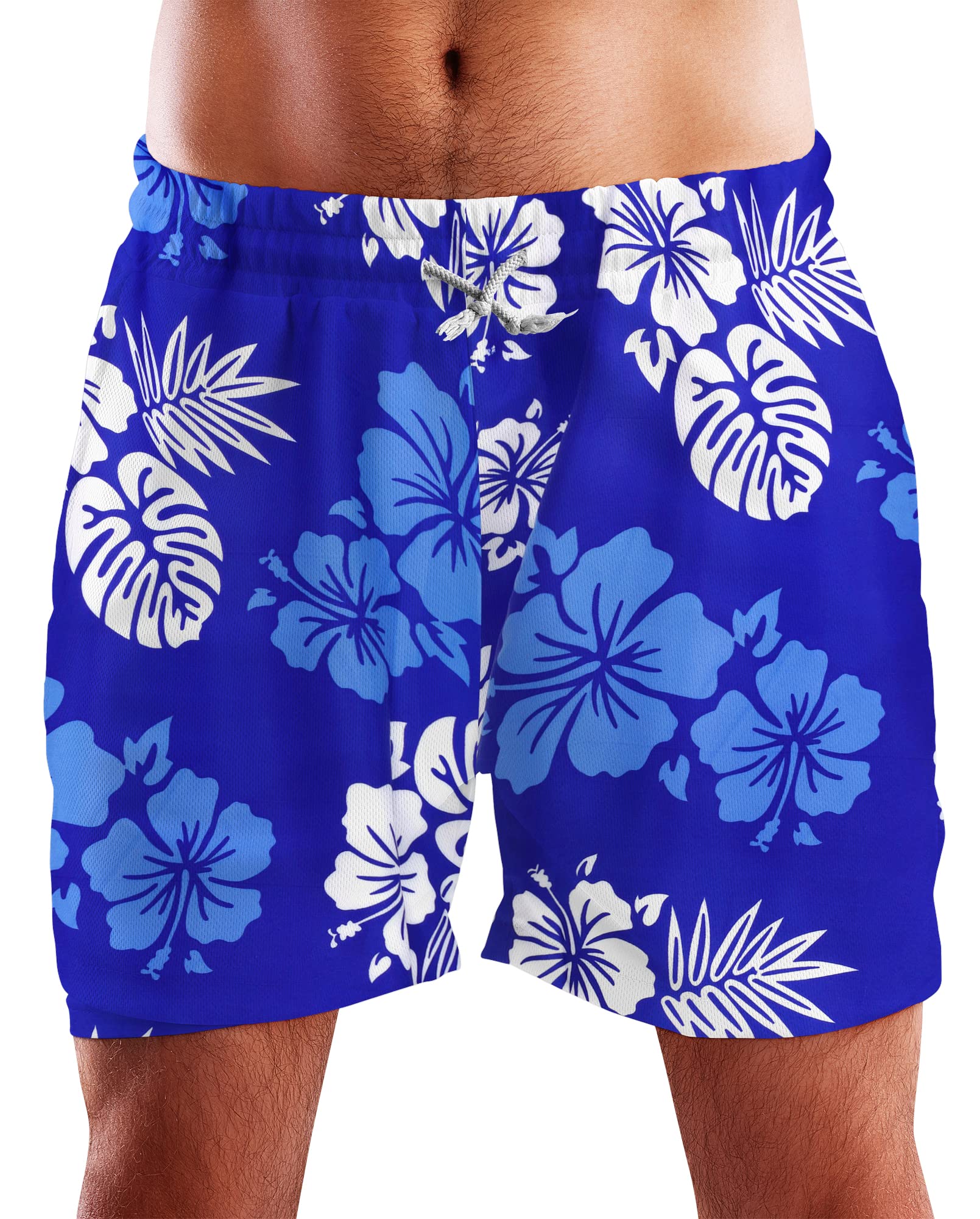 King Kameha Funky Hawaiian Board-Shorts Trunks Swim-Pants, Mono Hibiscus, Blue White, XXL