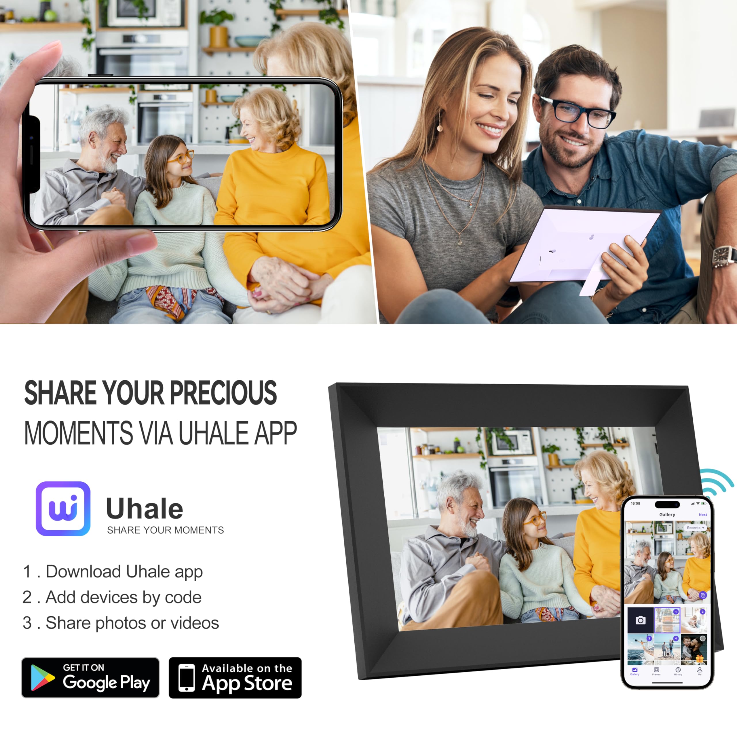Cornice digitale WiFi da 10,1 pollici con memoria da 16 GB, touch screen HD 1280 x 800 IPS, cornice digitale nera, touchscreen IPS HD, rotazione automatica, condivisione istantanea di foto e