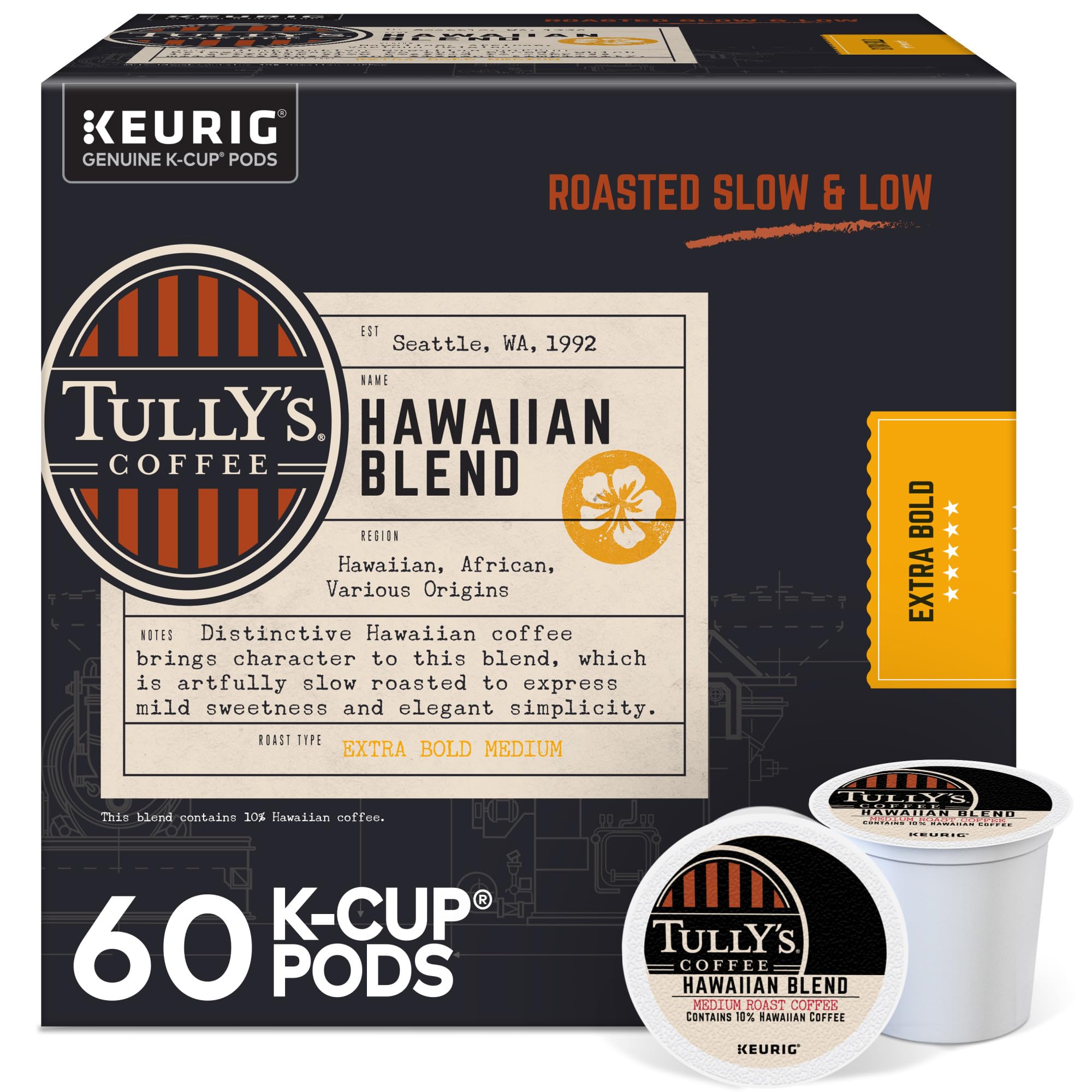 Tully's Coffee Hawaiian Blend, Keurig Single Serve K-Cup Pods, Medium Roast, 60 Count, (6 Packs of 10)